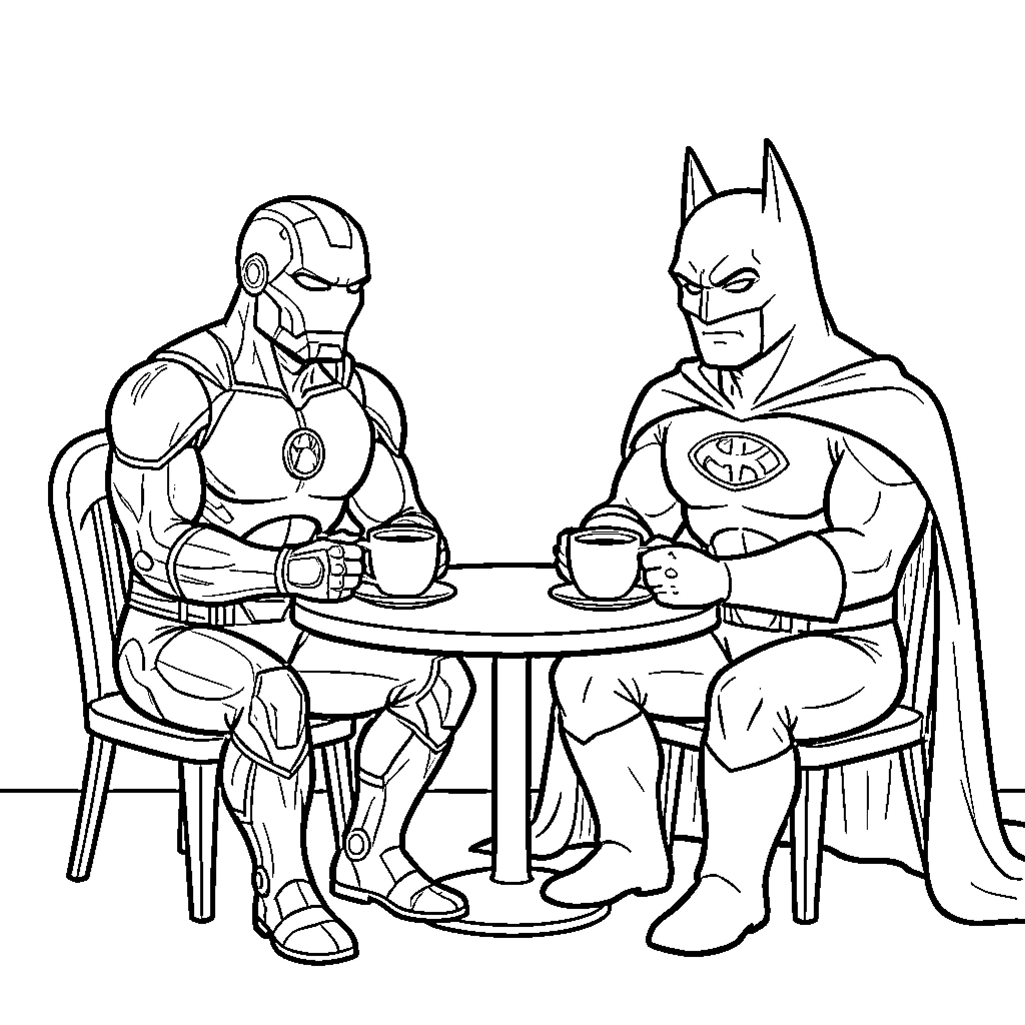 Ironman and Batman sitting together having coffee Coloring Page (free black-and-white line drawing printable PDF for all, from beginners to advanced learners, including children, teens, adults, and seniors)