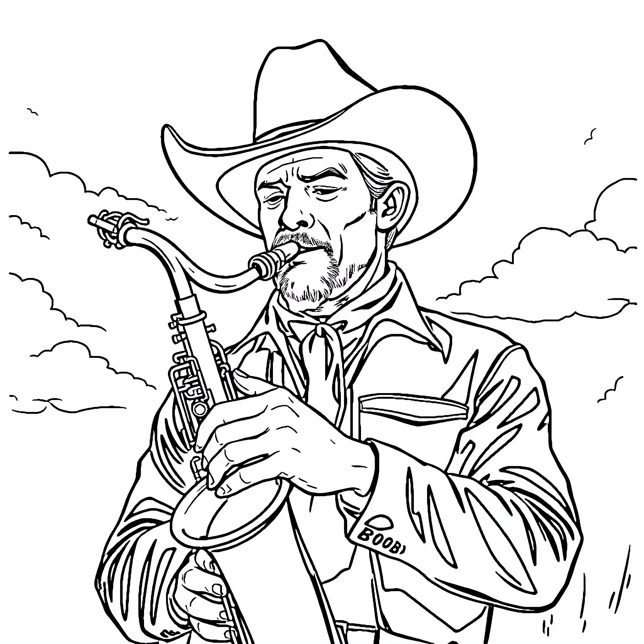 Cowboy playing the harmonica in the wilderness Coloring Page (free black-and-white line drawing printable PDF for all, from beginners to advanced learners, including children, teens, adults, and seniors)
