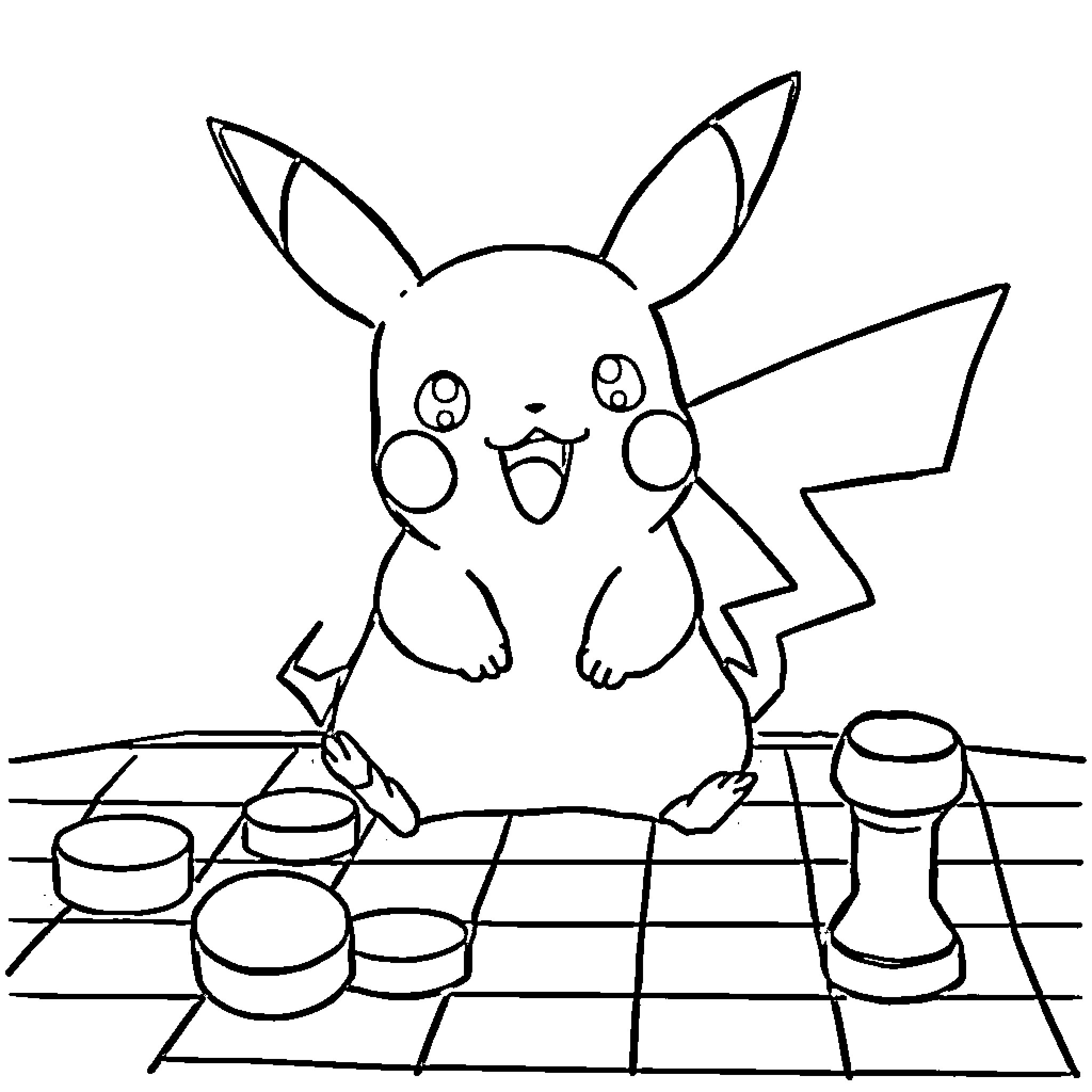 Pikachu playing on a checkerboard Coloring Page (free black-and-white line drawing printable PDF for all, from beginners to advanced learners, including children, teens, adults, and seniors)