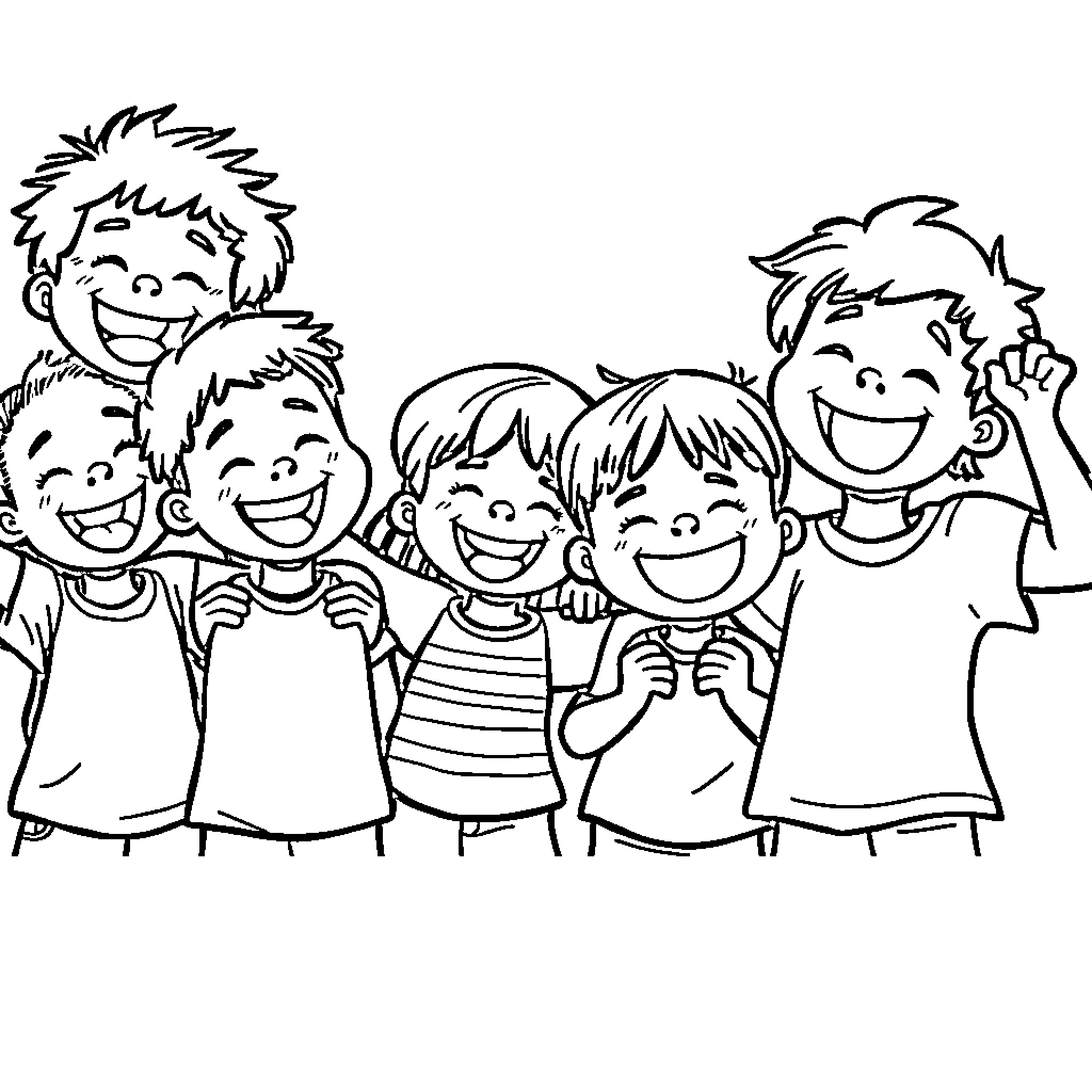 Kids having fun together with cheerful expressions Coloring Page (free black-and-white line drawing printable PDF for all, from beginners to advanced learners, including children, teens, adults, and seniors)
