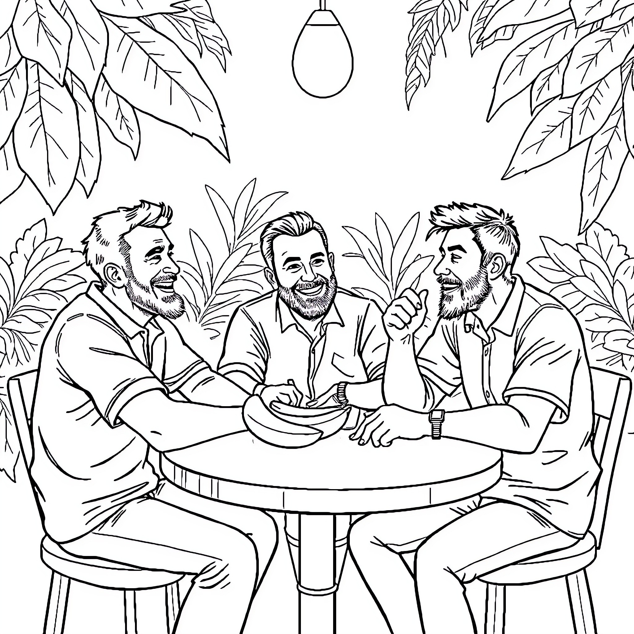 Men enjoying a casual conversation outdoors Coloring Page (free black-and-white line drawing printable PDF for all, from beginners to advanced learners, including children, teens, adults, and seniors)