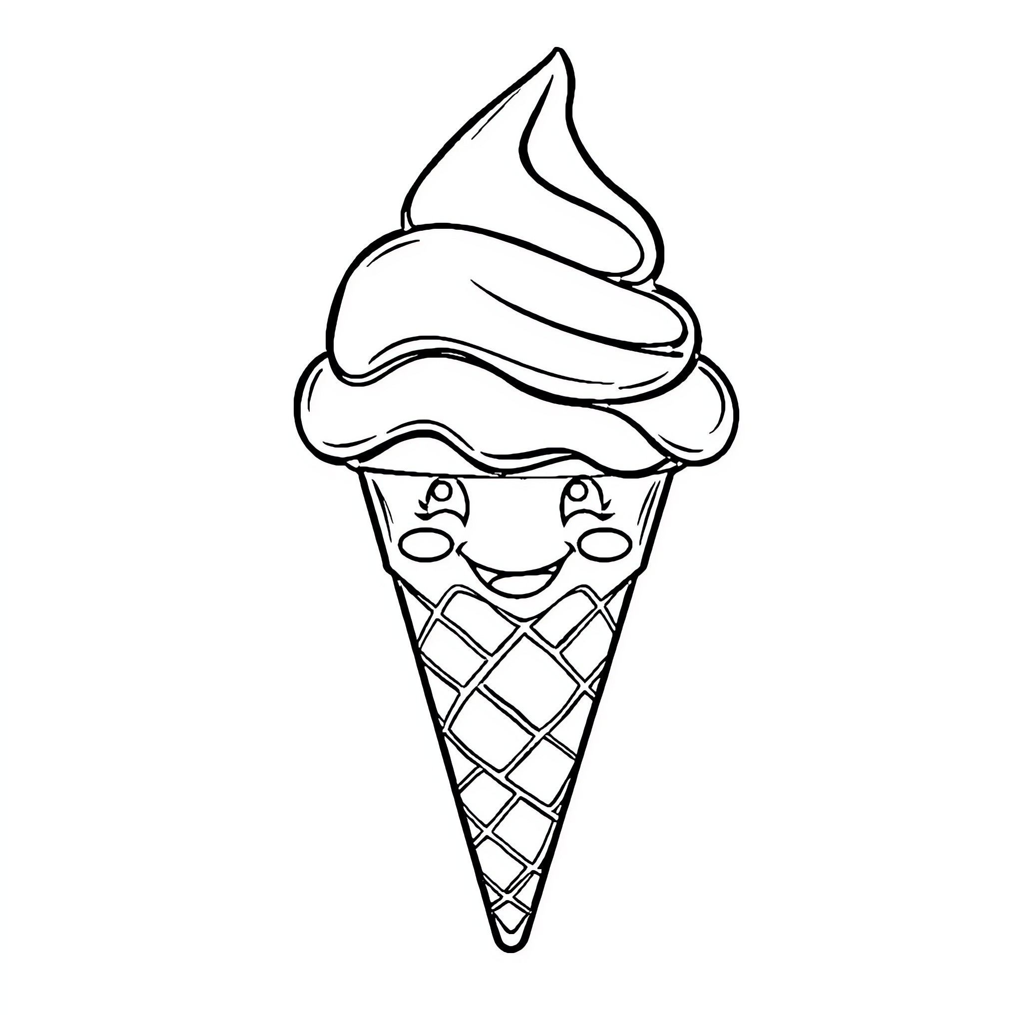 Ice Cream Cone with Smiling Expression Coloring Page (free black-and-white line drawing printable PDF for all, from beginners to advanced learners, including children, teens, adults, and seniors)