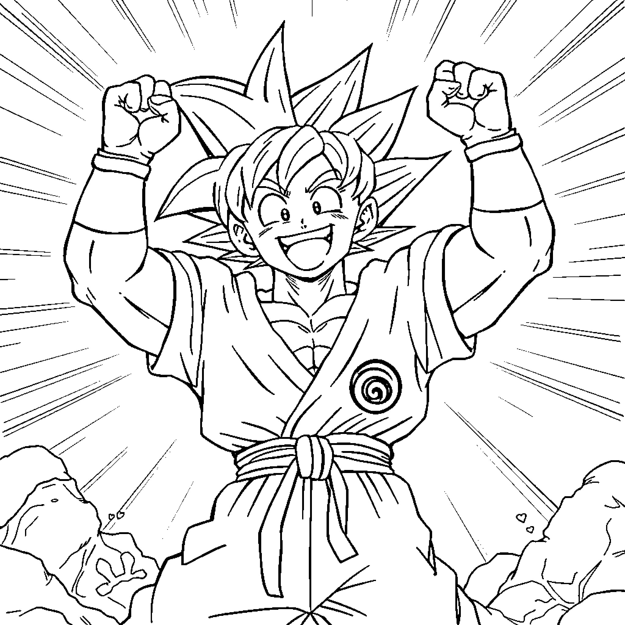 Goku's Victorious Stance and Determination Coloring Page (free black-and-white line drawing printable PDF for all, from beginners to advanced learners, including children, teens, adults, and seniors)