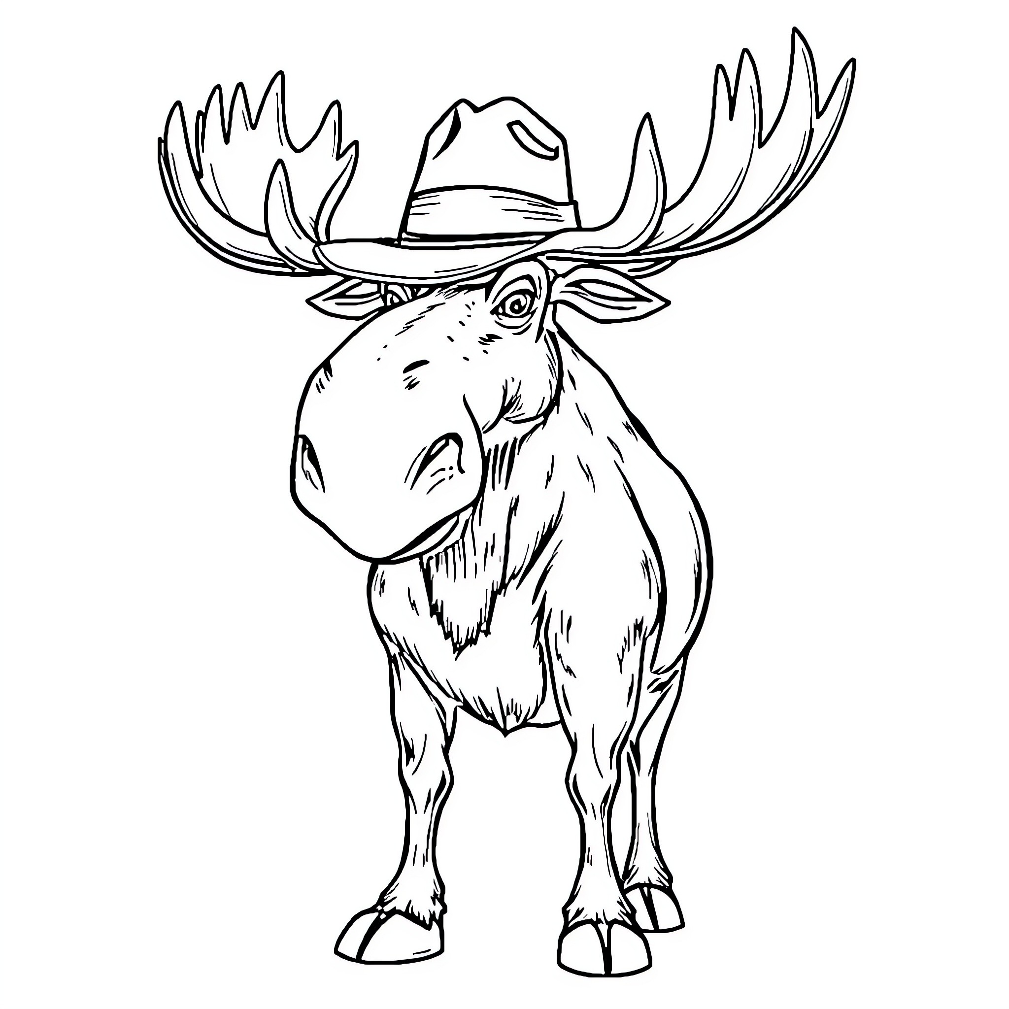 Moose wearing a cowboy hat Coloring Page (free black-and-white line drawing printable PDF for all, from beginners to advanced learners, including children, teens, adults, and seniors)