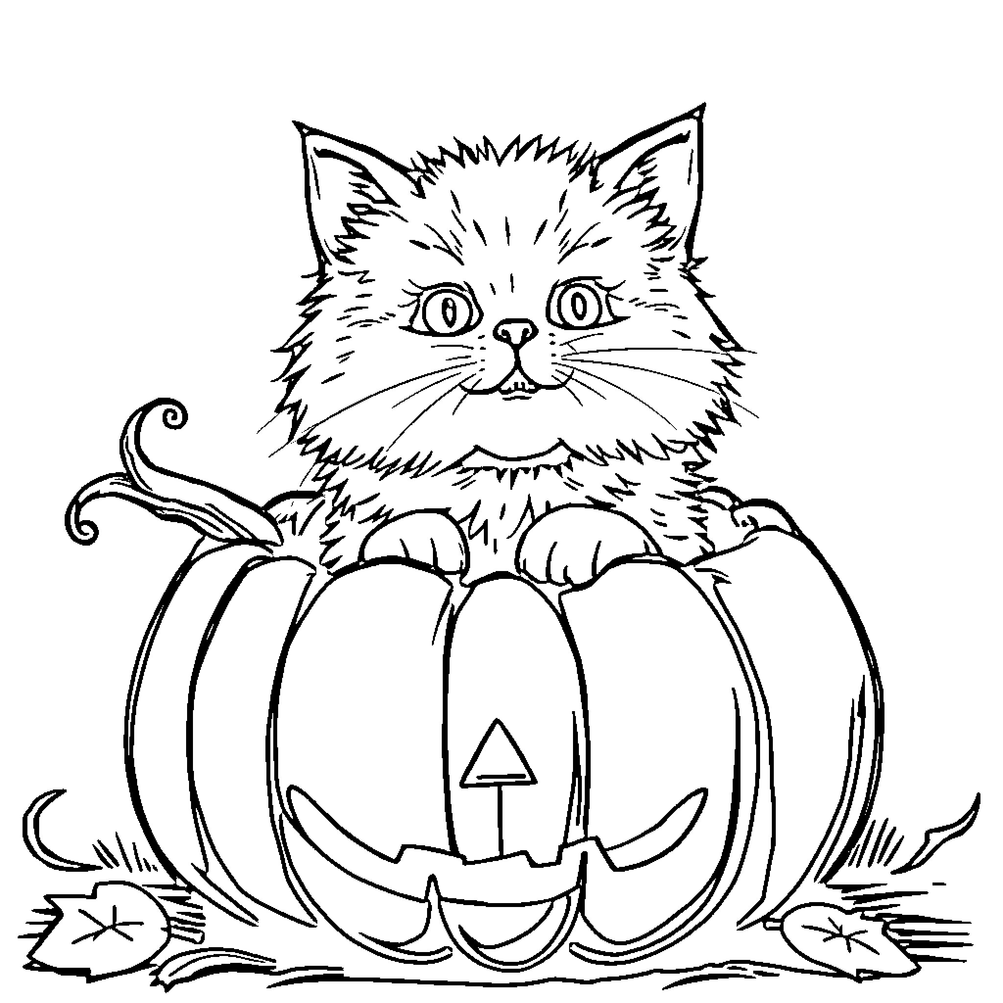 Cat sitting in spooky pumpkin Coloring Page (free black-and-white line drawing printable PDF for all, from beginners to advanced learners, including children, teens, adults, and seniors)