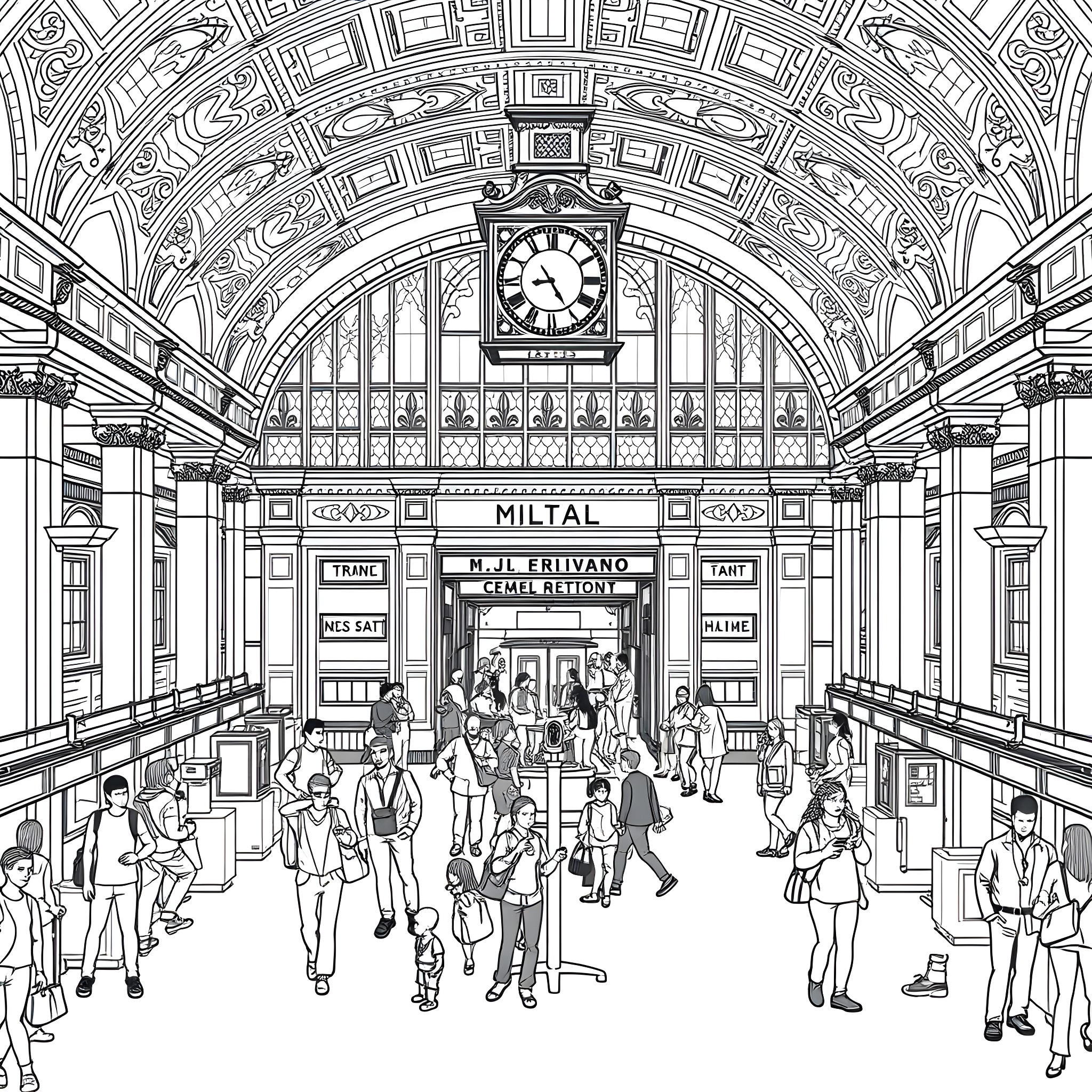 Train Station with Crowd of People and Clock Coloring Page (free black-and-white line drawing printable PDF for all, from beginners to advanced learners, including children, teens, adults, and seniors)