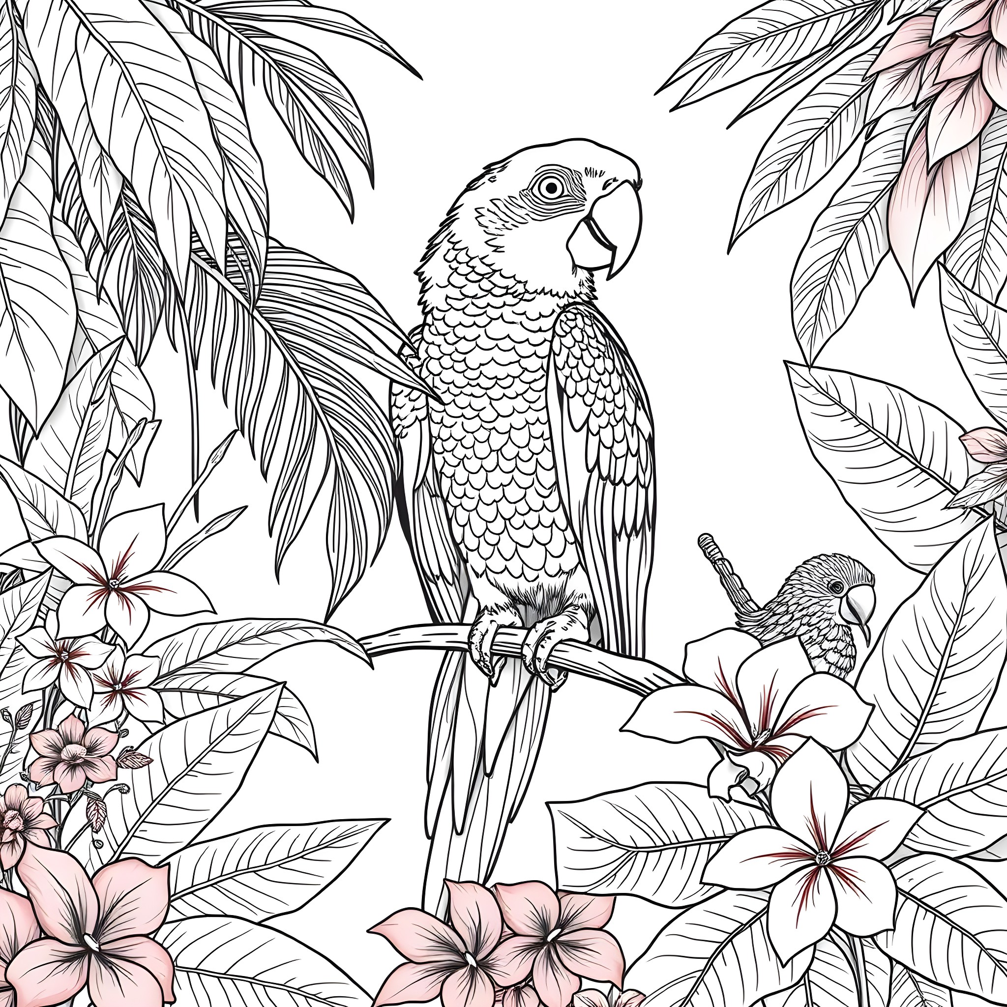 Parrot among tropical foliage and flowers Coloring Page (free black-and-white line drawing printable PDF for all, from beginners to advanced learners, including children, teens, adults, and seniors)