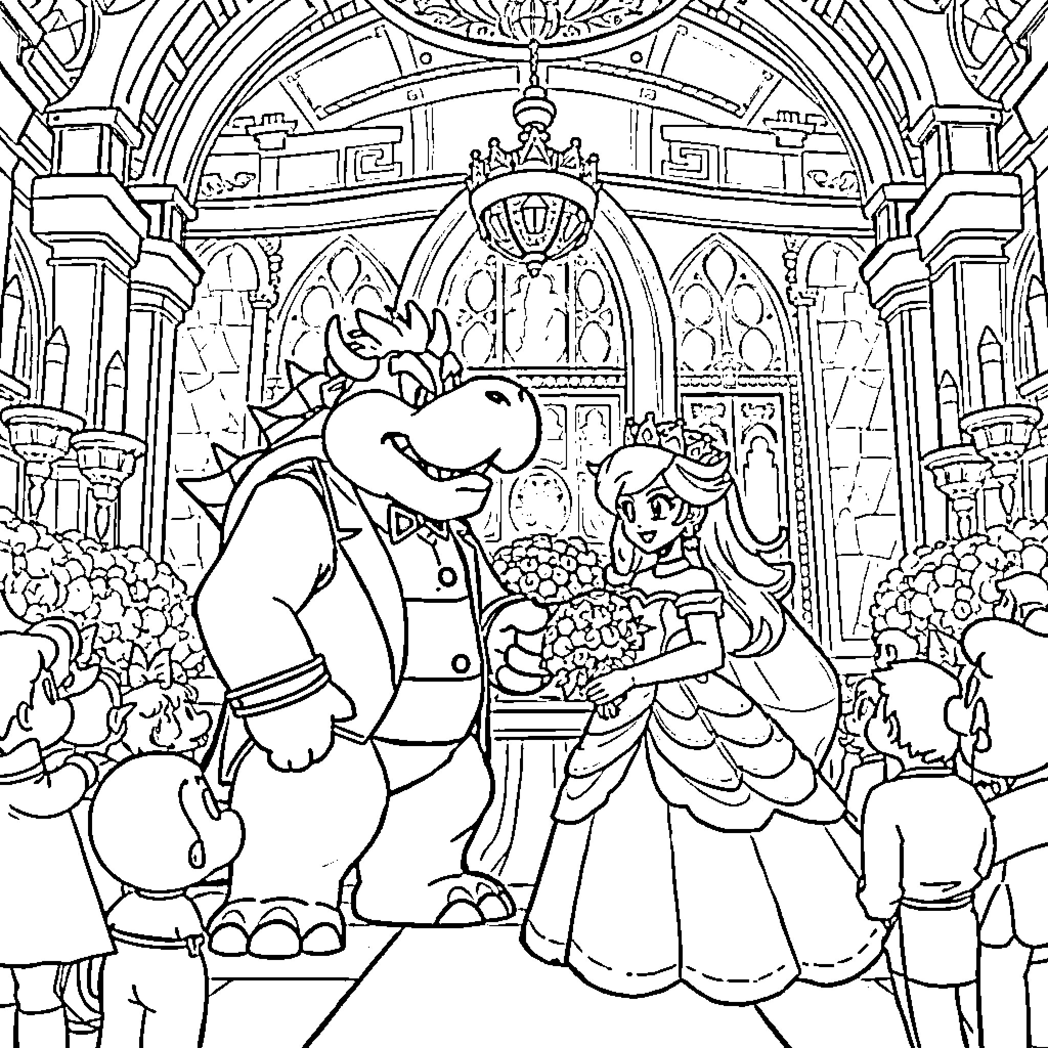 Bowser and Princess in Regal Castle Scene Coloring Page (free black-and-white line drawing printable PDF for all, from beginners to advanced learners, including children, teens, adults, and seniors)