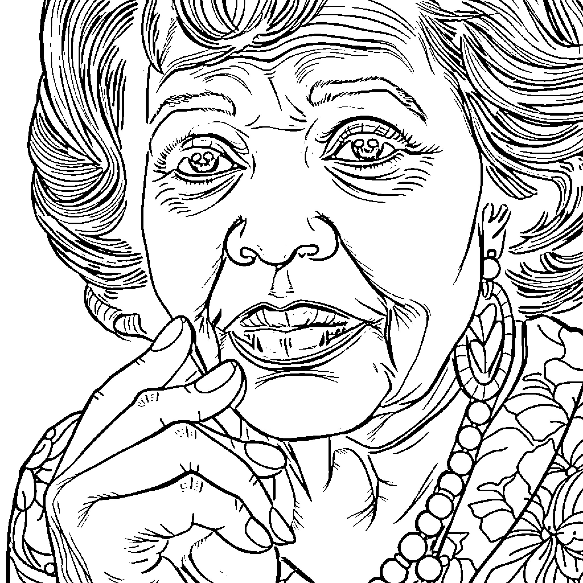 Beverly J. Martin: Portrait of a Pensive Woman Coloring Page (free black-and-white line drawing printable PDF for all, from beginners to advanced learners, including children, teens, adults, and seniors)