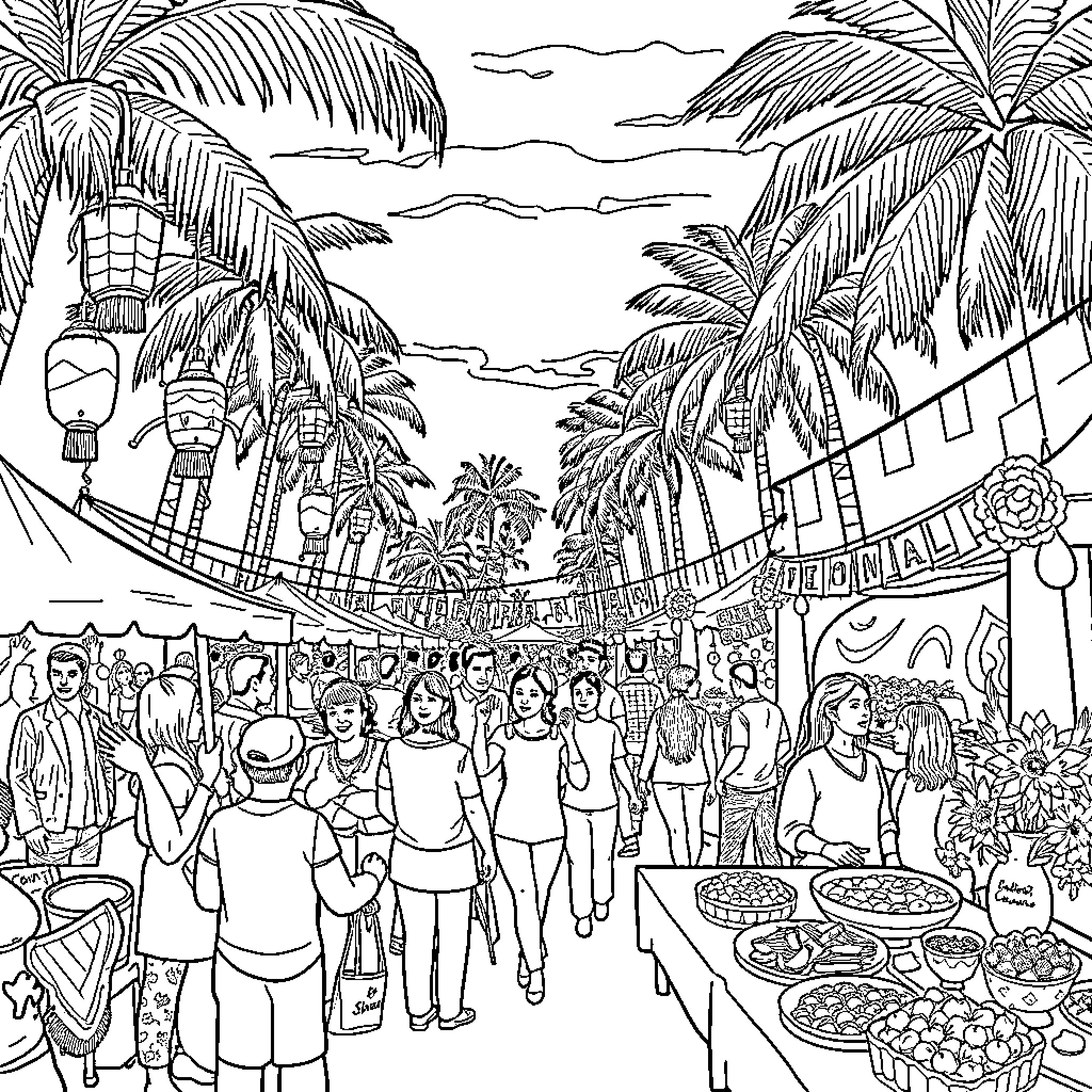 Fiesta at a Lively Tropical Market Coloring Page (free black-and-white line drawing printable PDF for all, from beginners to advanced learners, including children, teens, adults, and seniors)