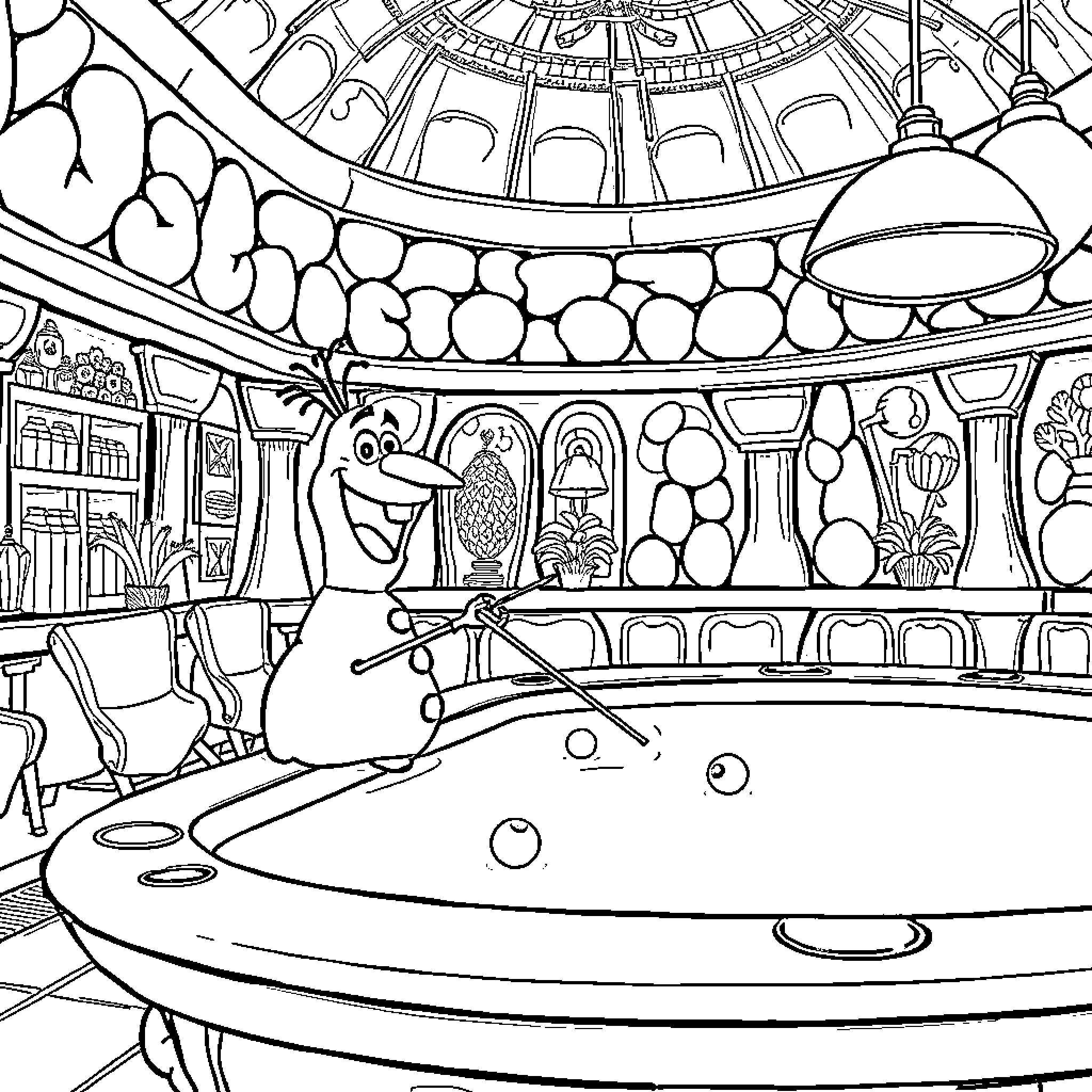 Olaf's Wintry Adventure in the Enchanted Castle Coloring Page (free black-and-white line drawing printable PDF for all, from beginners to advanced learners, including children, teens, adults, and seniors)