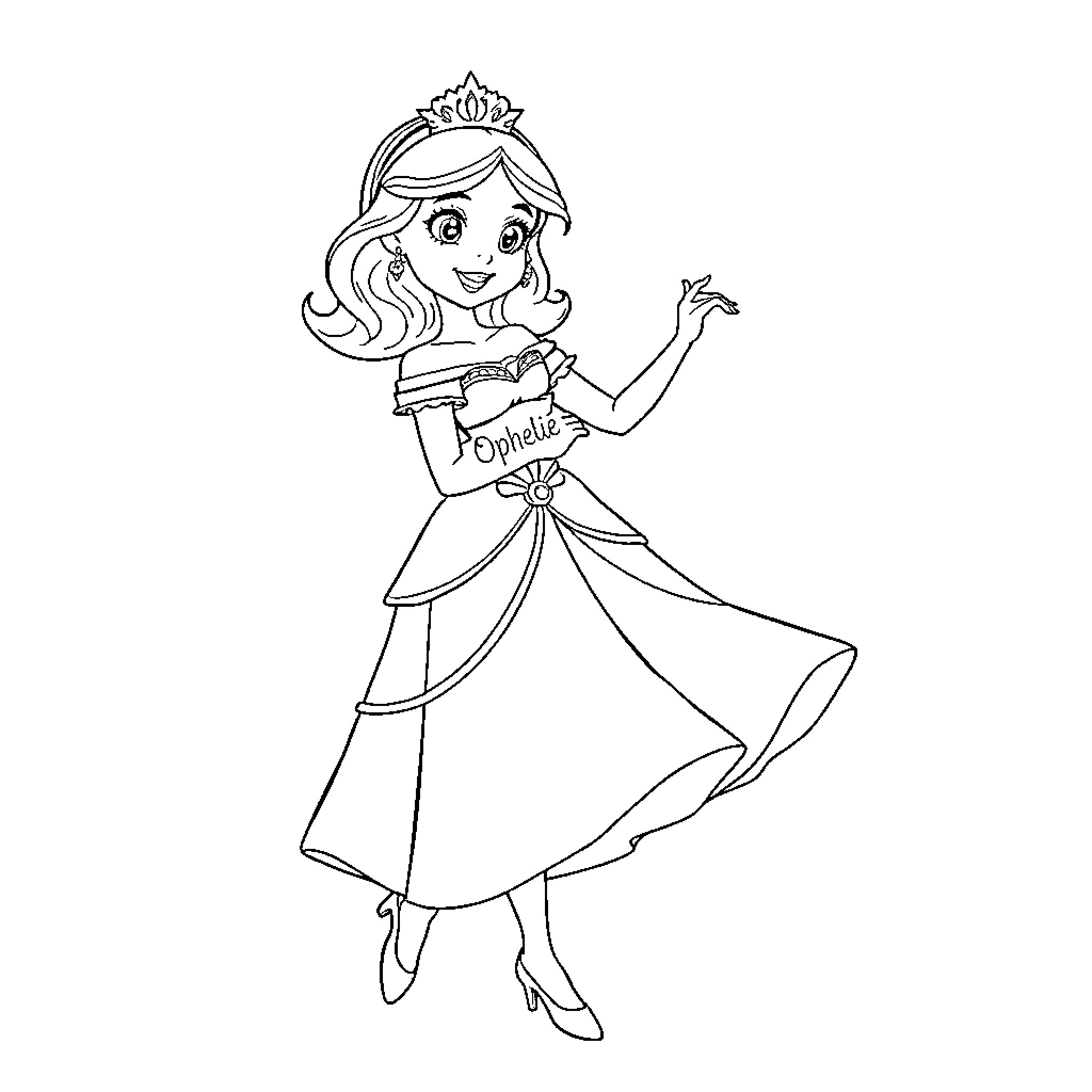 Princess Dancing Gracefully in Elegant Gown Coloring Page (free black-and-white line drawing printable PDF for all, from beginners to advanced learners, including children, teens, adults, and seniors)