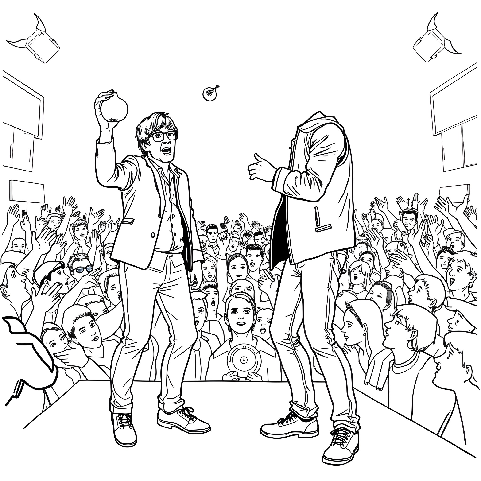 Liam Gallagher Performing on Stage with Crowd Coloring Page (free black-and-white line drawing printable PDF for all, from beginners to advanced learners, including children, teens, adults, and seniors)