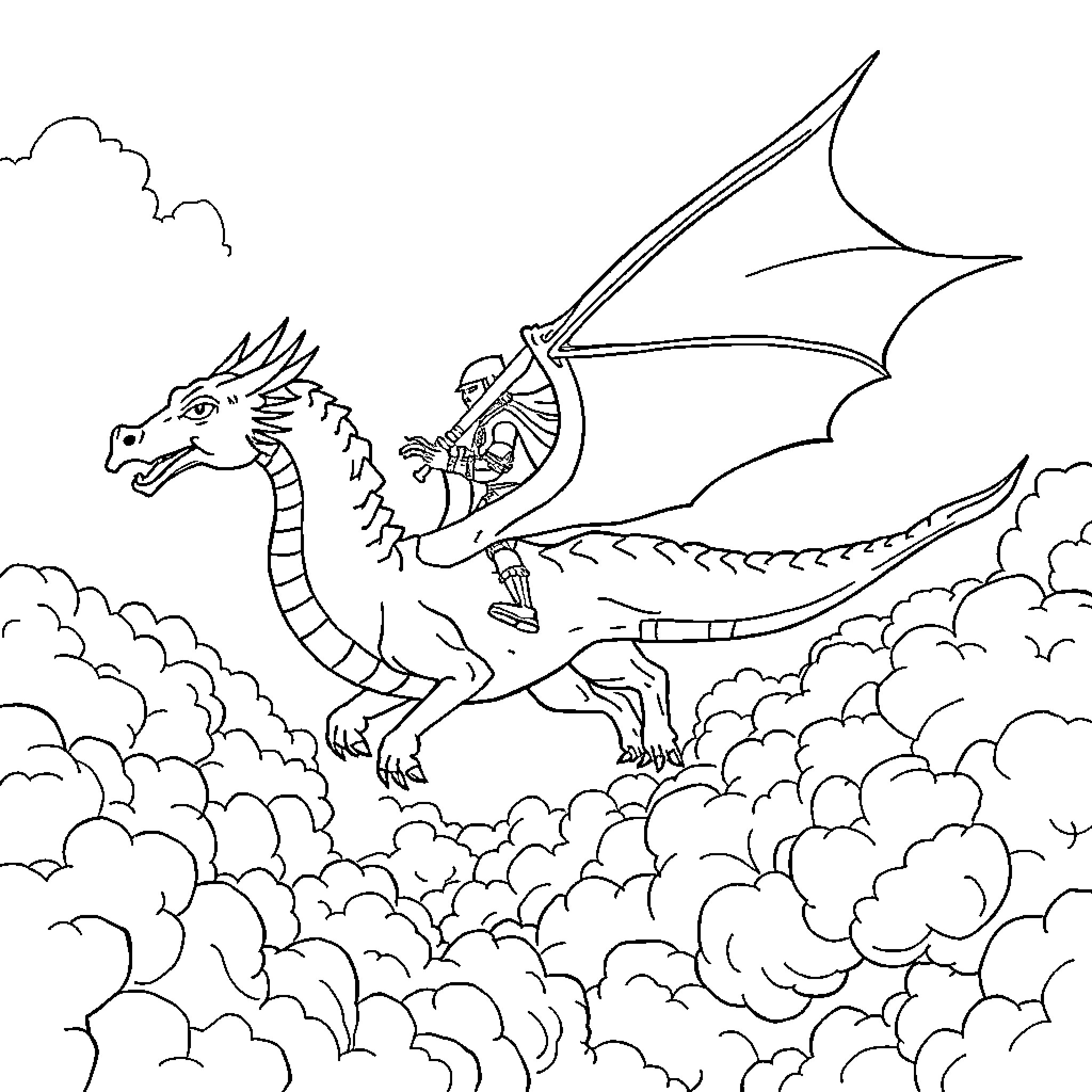 Dragon riding bravely through the clouds Coloring Page (free black-and-white line drawing printable PDF for all, from beginners to advanced learners, including children, teens, adults, and seniors)