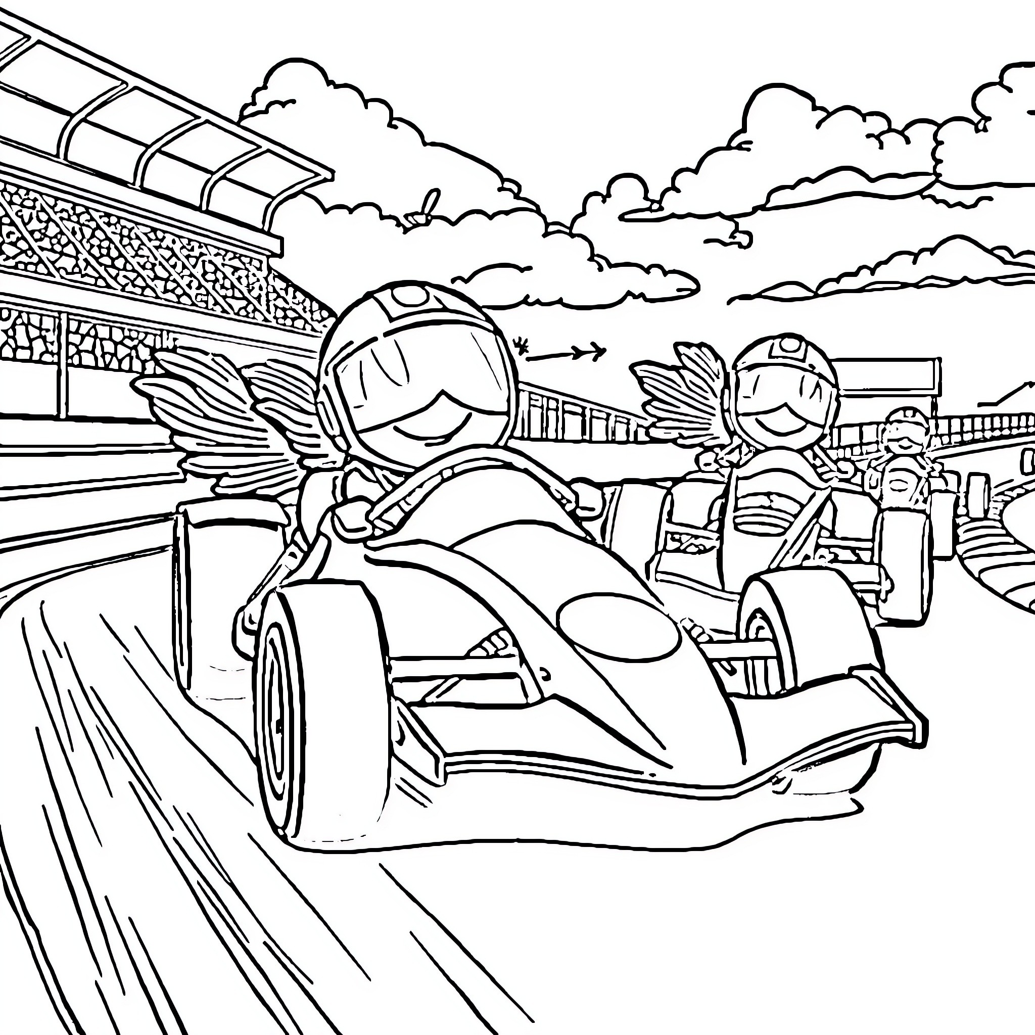 Fish Racing Vehicles on the Track Coloring Page (free black-and-white line drawing printable PDF for all, from beginners to advanced learners, including children, teens, adults, and seniors)