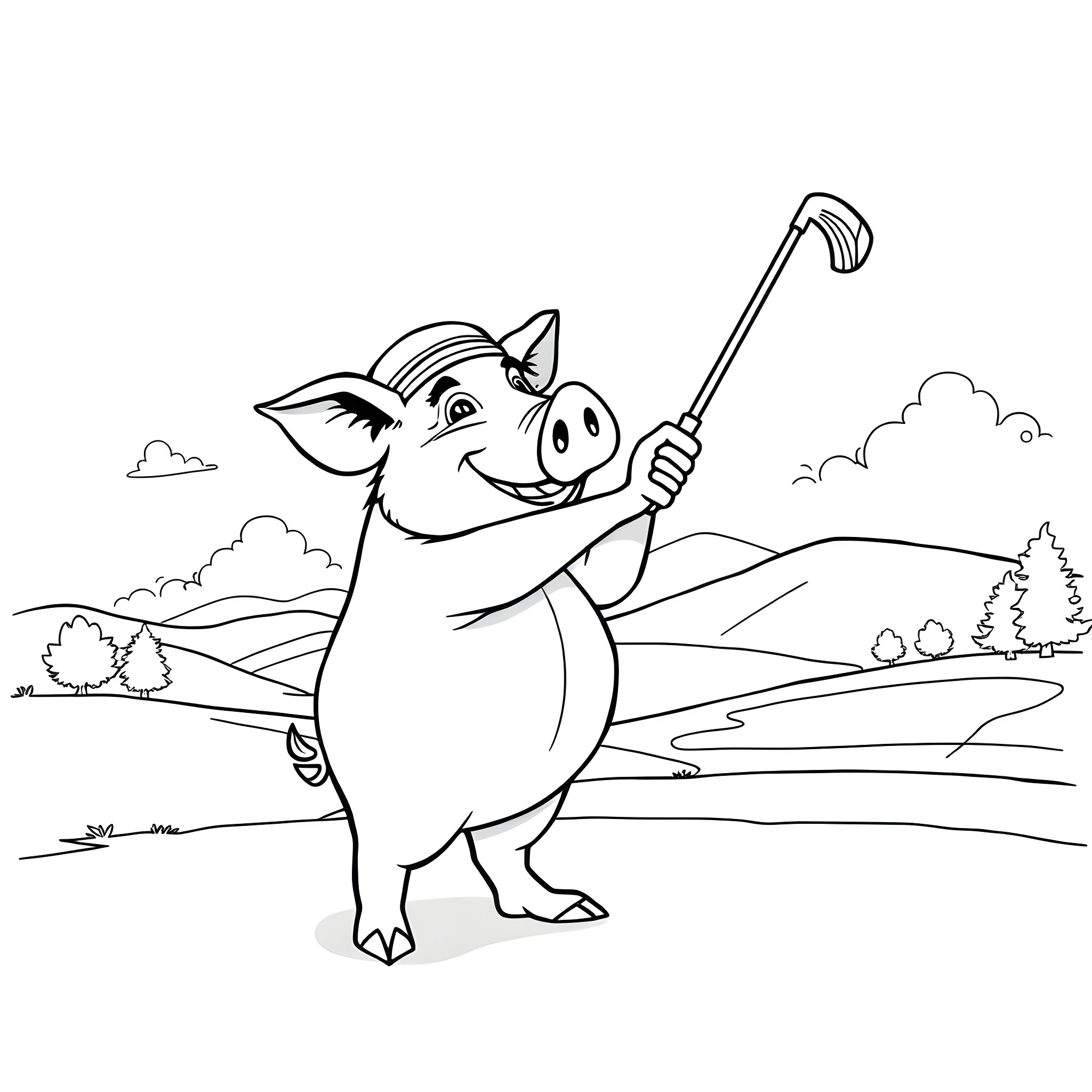 Hog playing happily with golf club in the countryside Coloring Page (free black-and-white line drawing printable PDF for all, from beginners to advanced learners, including children, teens, adults, and seniors)