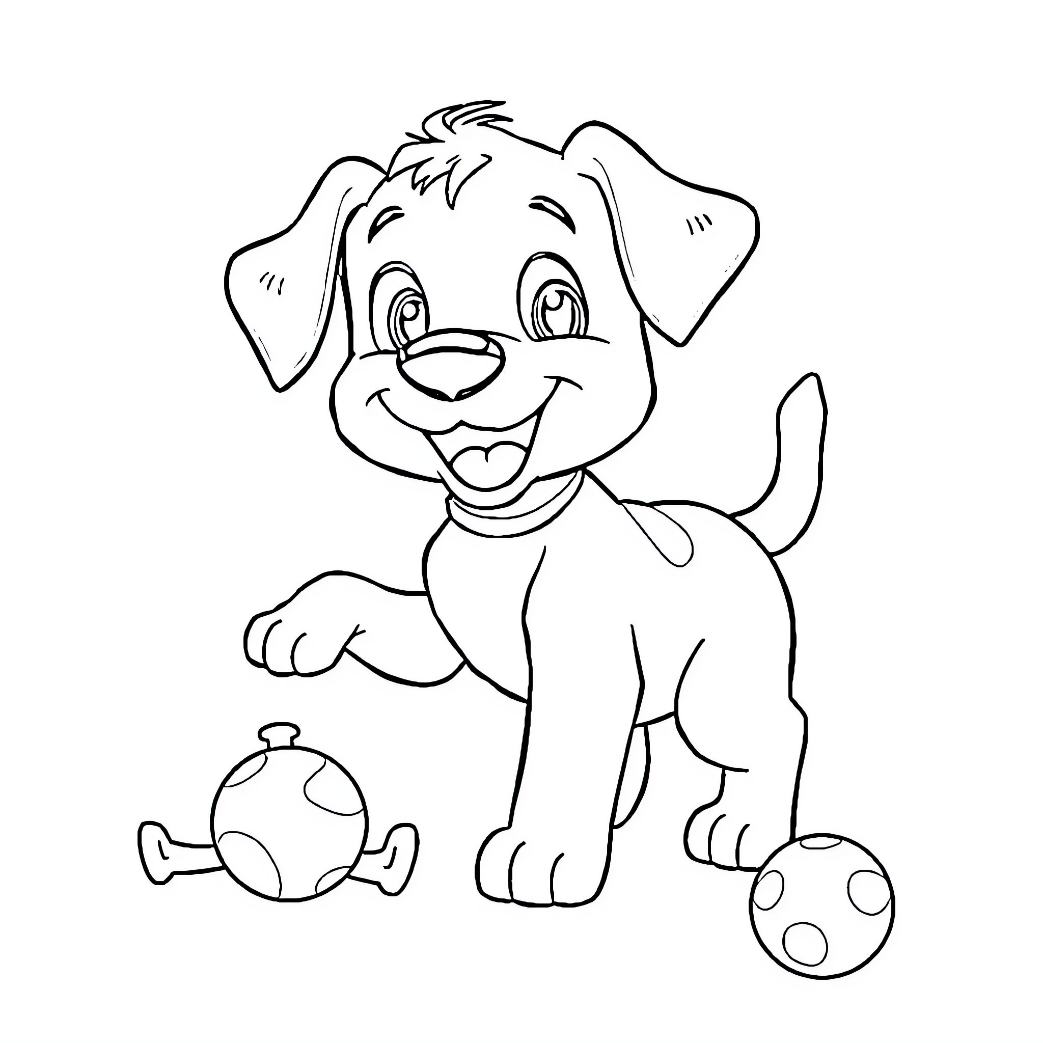 Bingo the Puppy Playing with Toys Coloring Page (free black-and-white line drawing printable PDF for all, from beginners to advanced learners, including children, teens, adults, and seniors)
