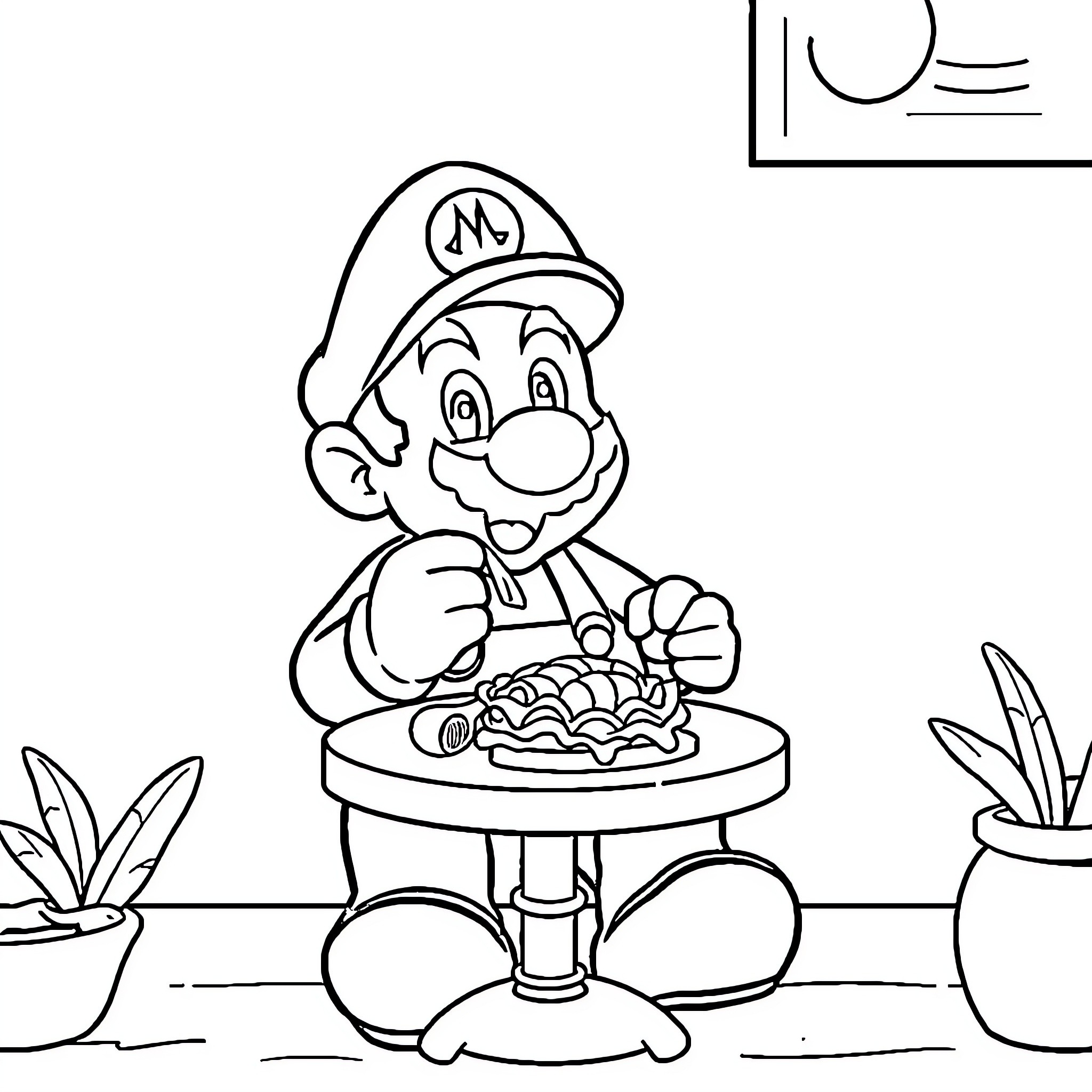Mario Enjoying a Tasty Meal Coloring Page (free black-and-white line drawing printable PDF for all, from beginners to advanced learners, including children, teens, adults, and seniors)