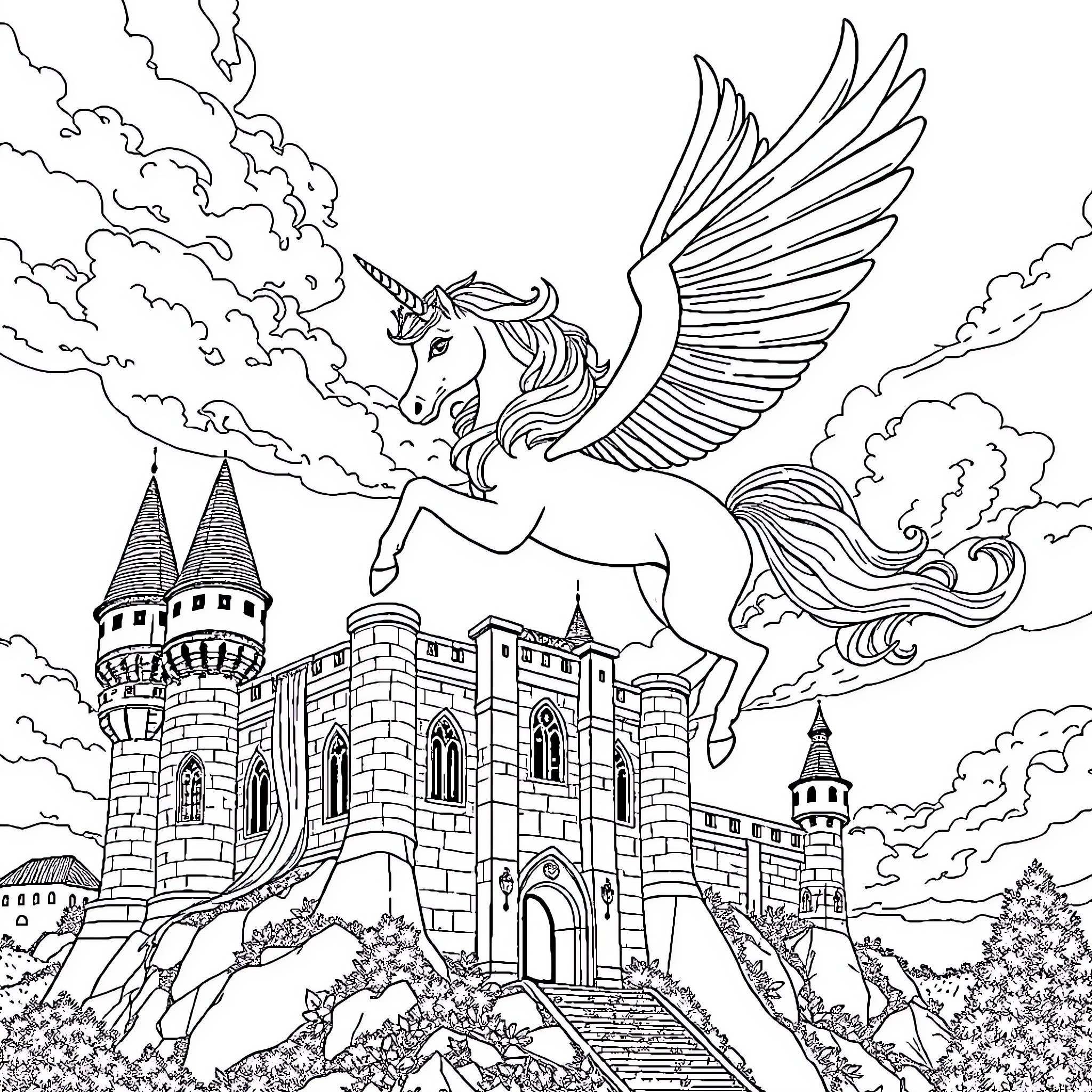 Unicorn Soaring Over Enchanted Castle Coloring Page (free black-and-white line drawing printable PDF for all, from beginners to advanced learners, including children, teens, adults, and seniors)