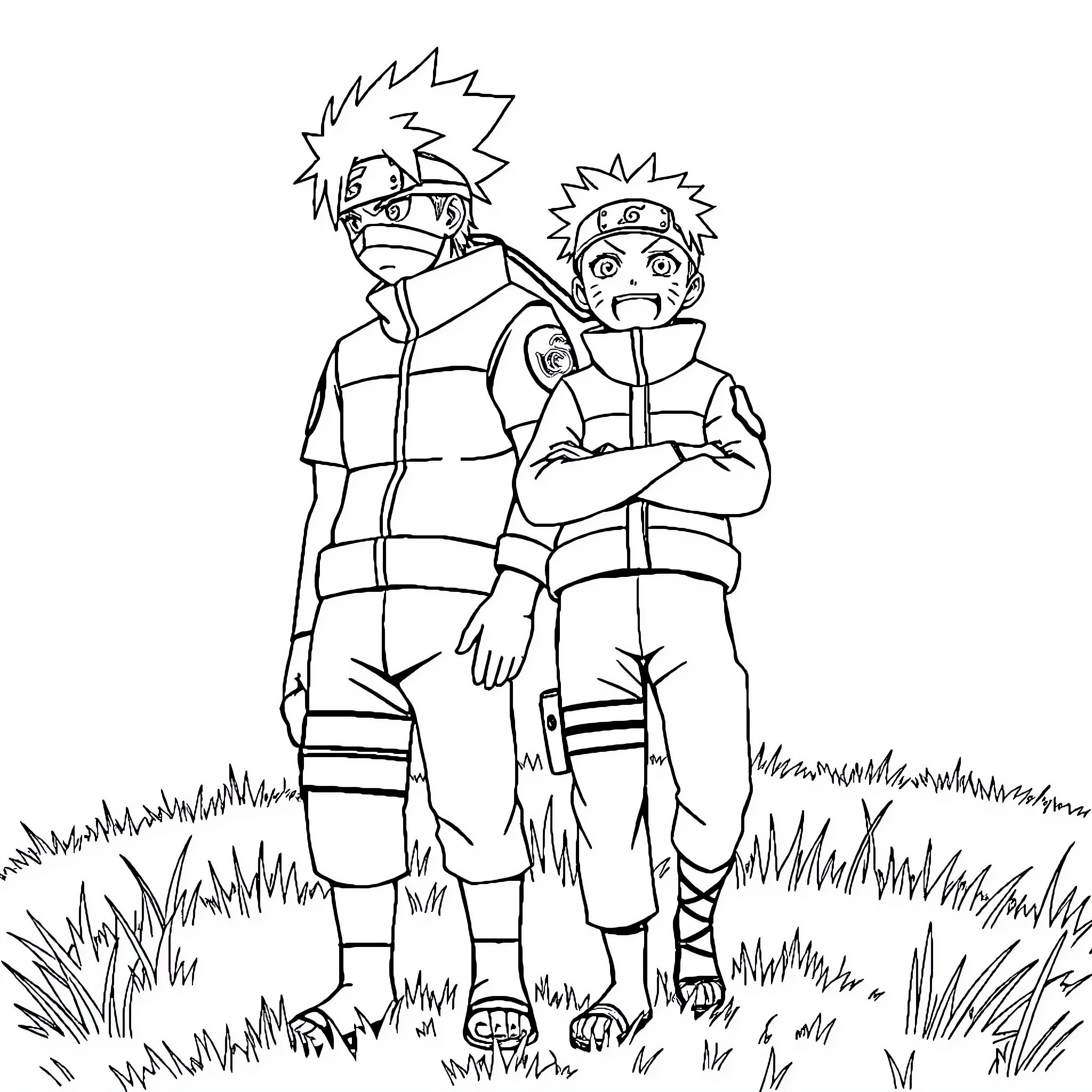 Kakashi and Friends Explore the Outdoors Coloring Page (free black-and-white line drawing printable PDF for all, from beginners to advanced learners, including children, teens, adults, and seniors)