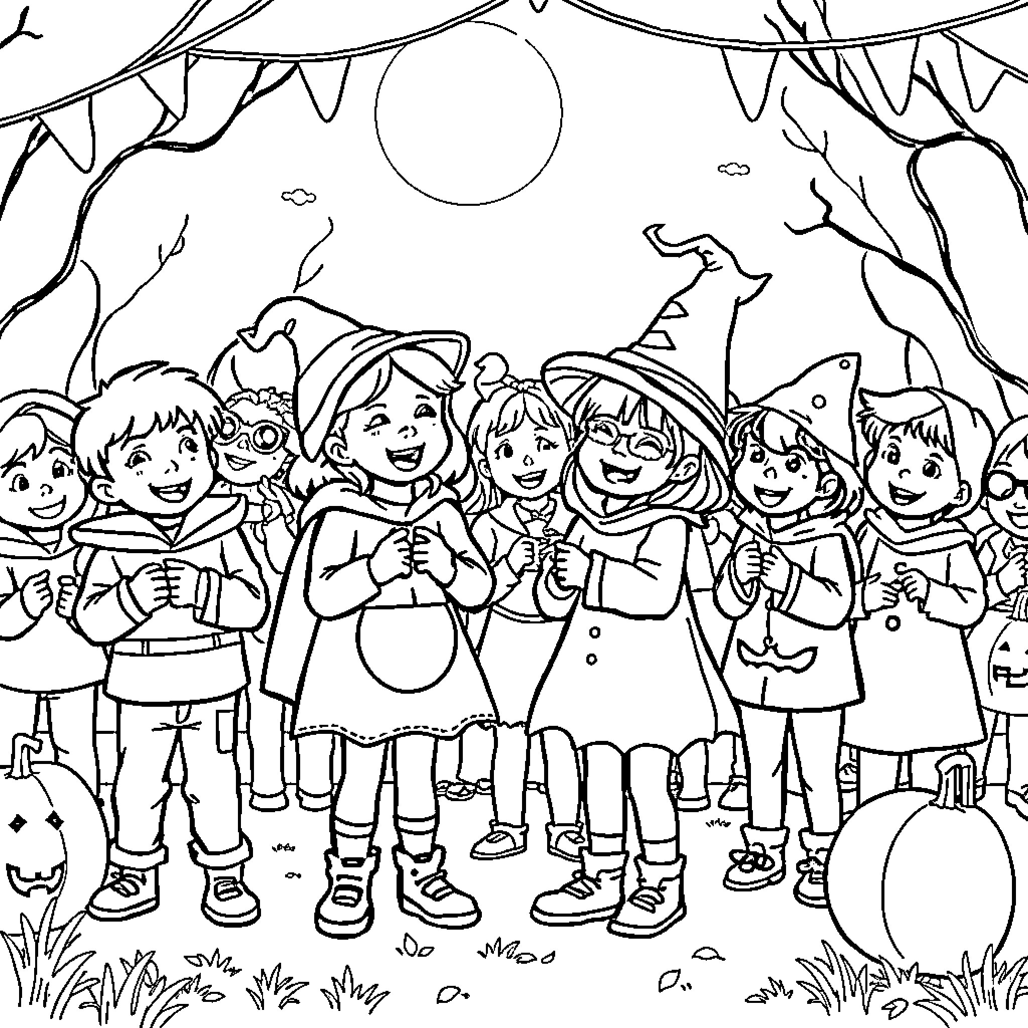 Children in costume celebrating Halloween party Coloring Page (free black-and-white line drawing printable PDF for all, from beginners to advanced learners, including children, teens, adults, and seniors)