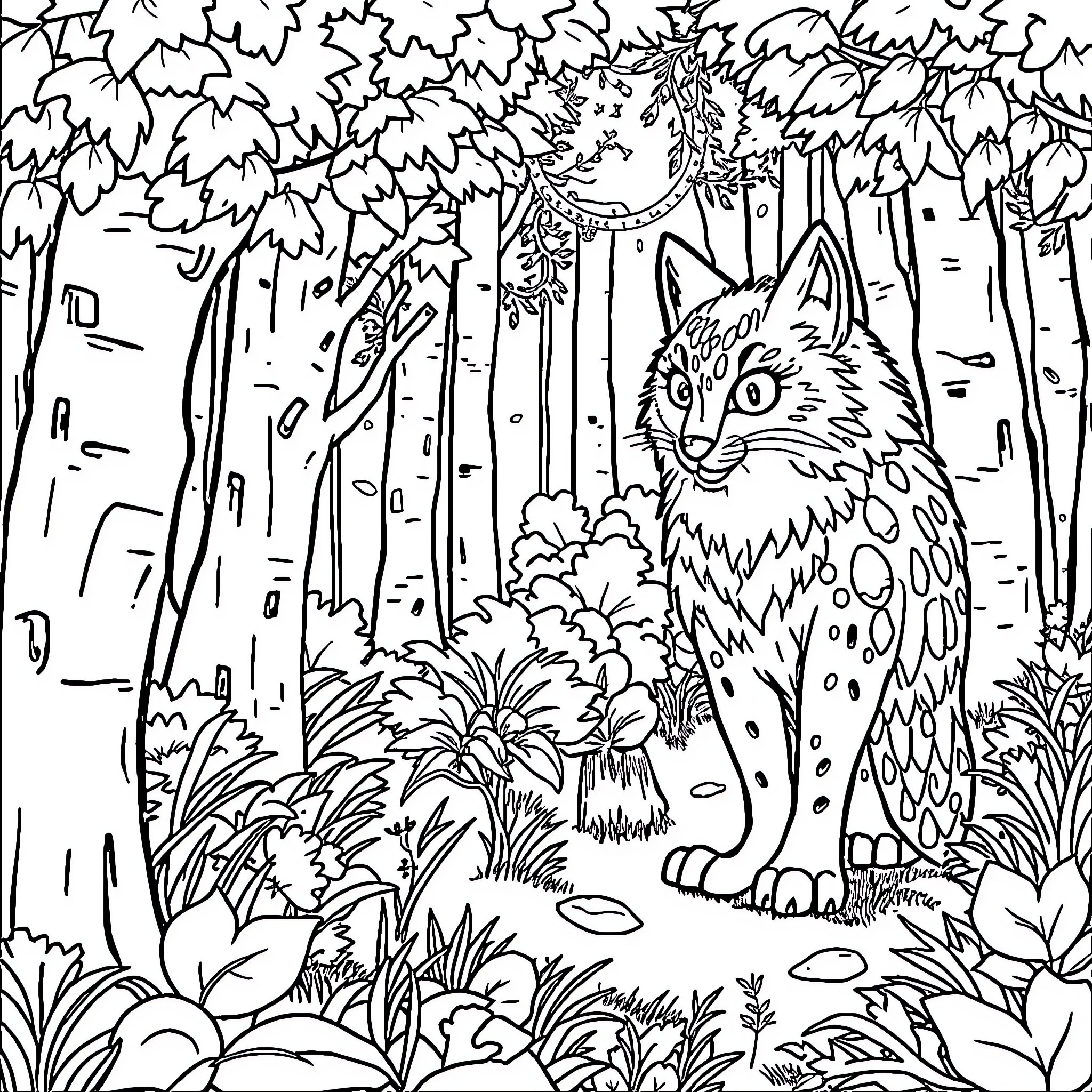 Bluey exploring the enchanted forest Coloring Page (free black-and-white line drawing printable PDF for all, from beginners to advanced learners, including children, teens, adults, and seniors)