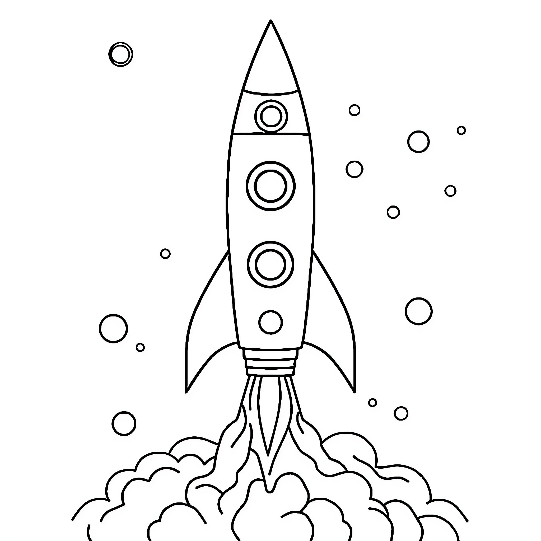Rocket launching into space with stars Coloring Page (free black-and-white line drawing printable PDF for all, from beginners to advanced learners, including children, teens, adults, and seniors)