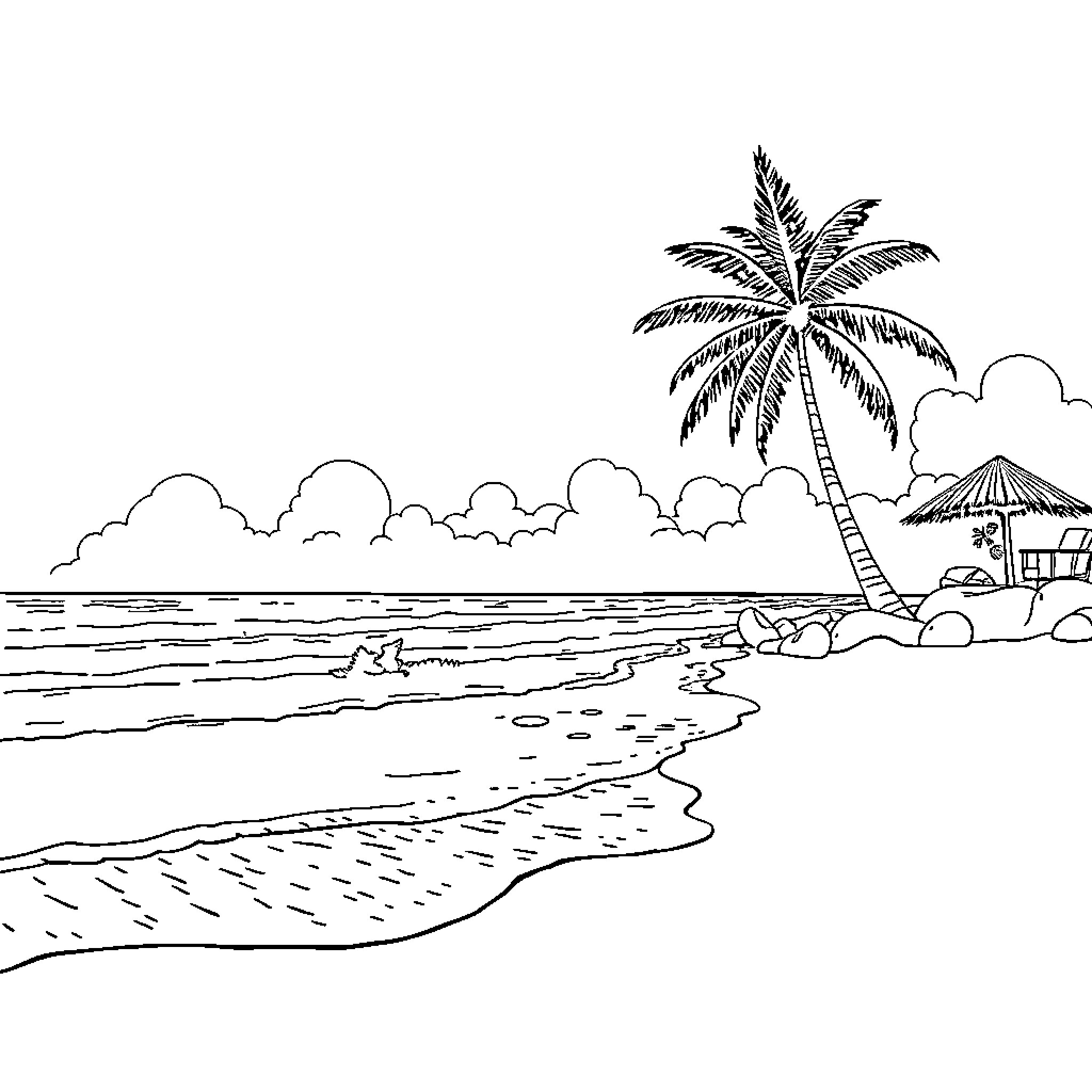 Beach scene with palm tree and hut Coloring Page (free black-and-white line drawing printable PDF for all, from beginners to advanced learners, including children, teens, adults, and seniors)