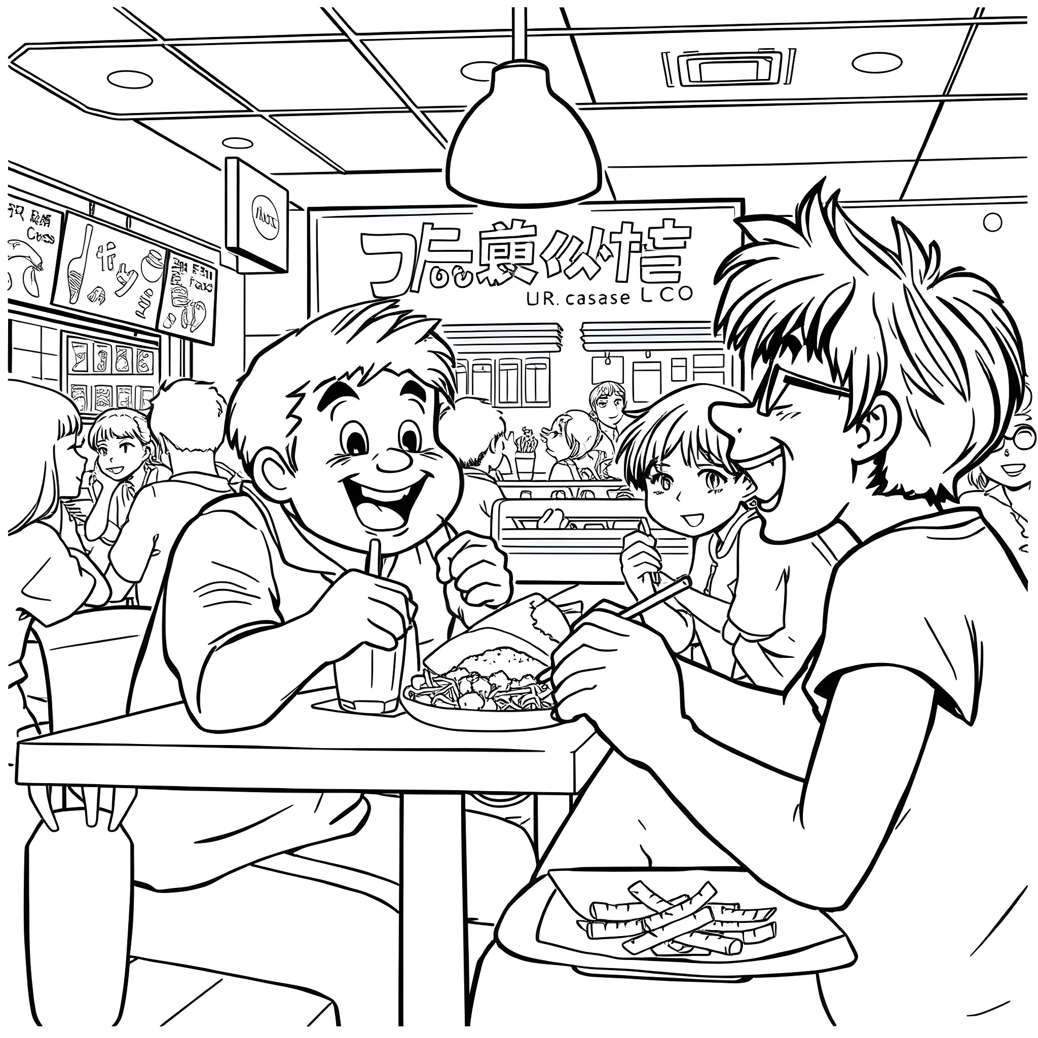 Caseoh Friends Having Fun at a Diner Coloring Page (free black-and-white line drawing printable PDF for all, from beginners to advanced learners, including children, teens, adults, and seniors)