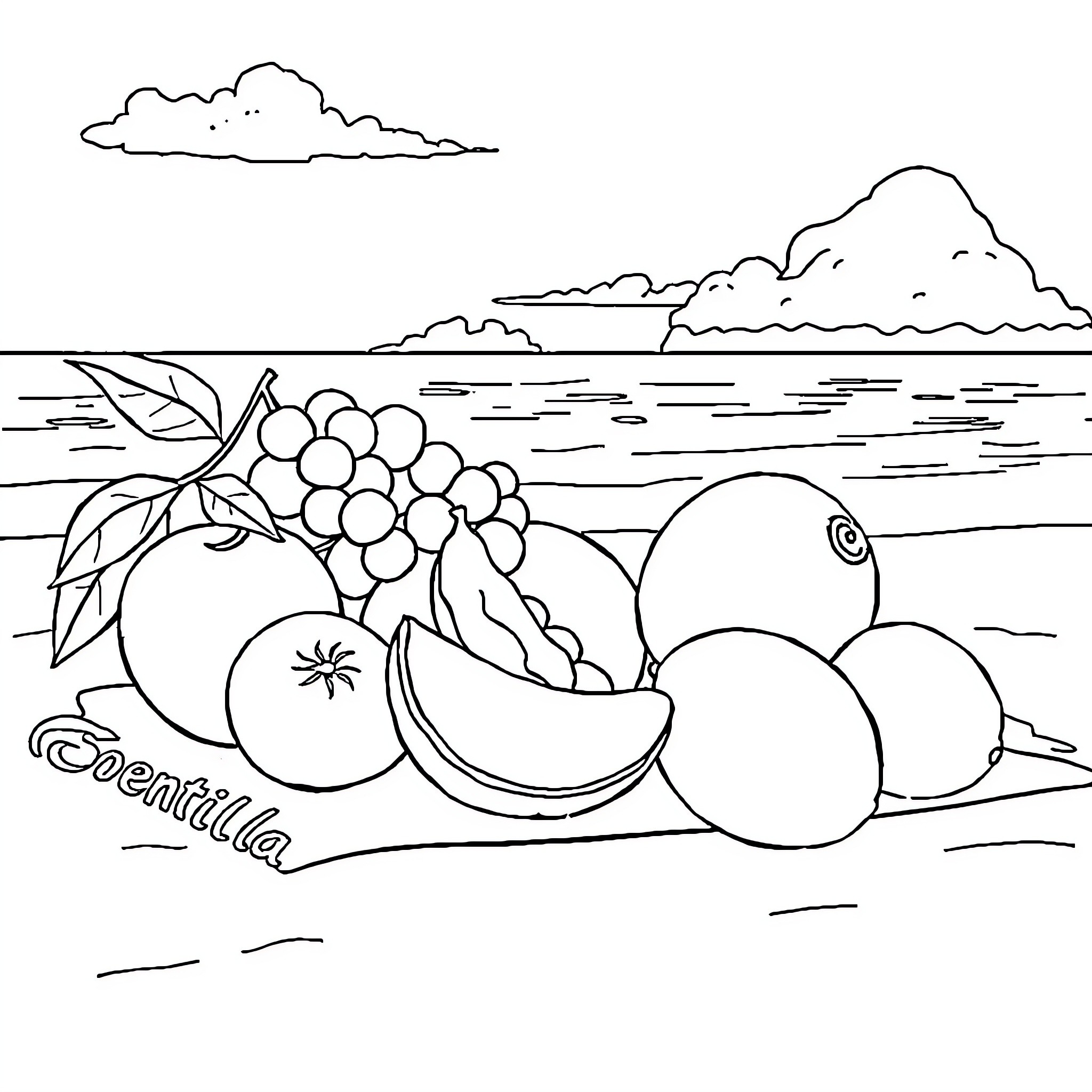 Fruit Bounty by the Sea Coloring Page (free black-and-white line drawing printable PDF for all, from beginners to advanced learners, including children, teens, adults, and seniors)