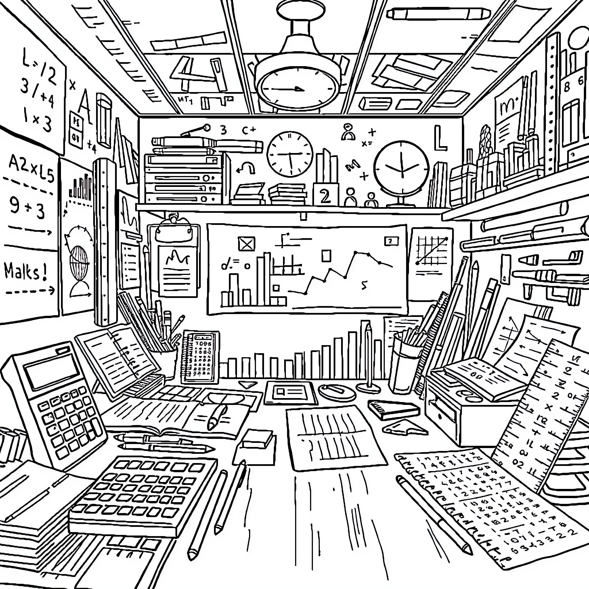 Mathematics Tools: Cluttered Workspace with Calculators and Formulas Coloring Page (free black-and-white line drawing printable PDF for all, from beginners to advanced learners, including children, teens, adults, and seniors)