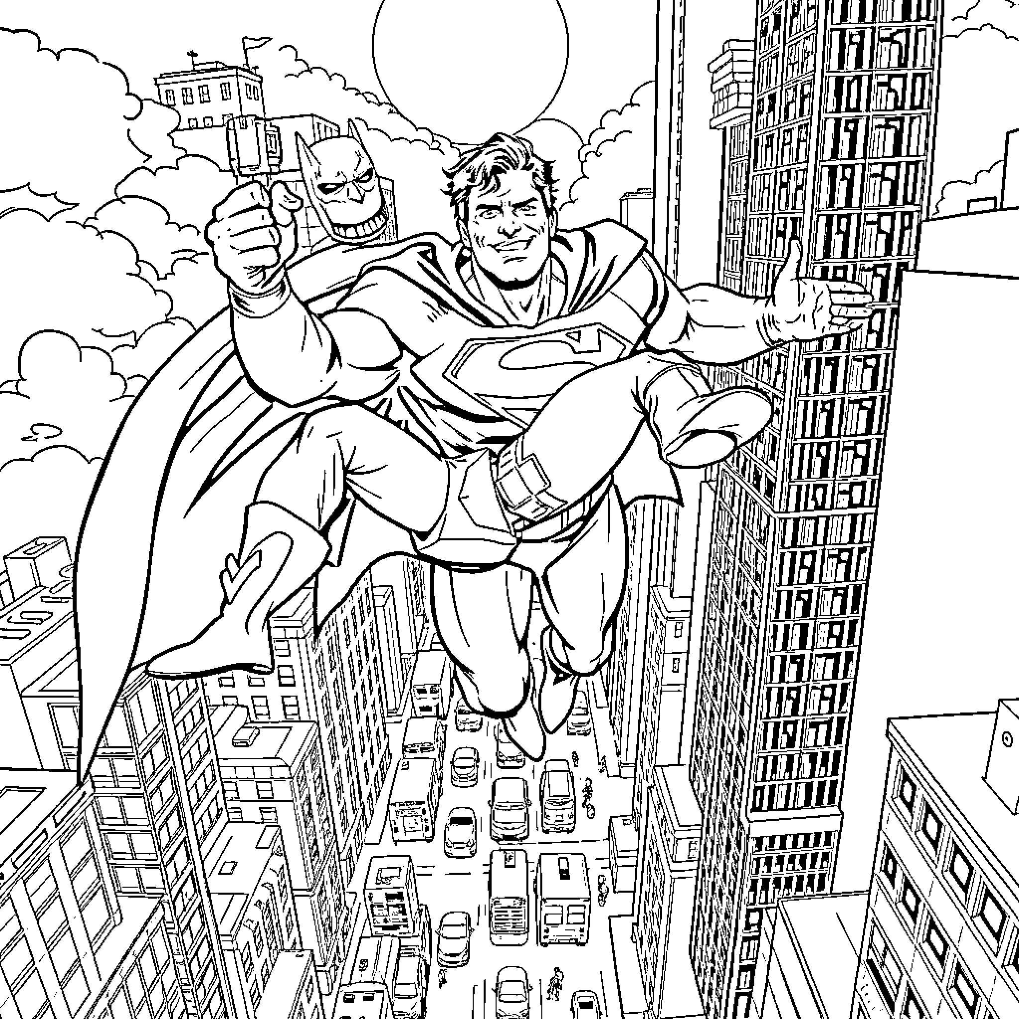 Superman soaring through the skyscrapers Coloring Page (free black-and-white line drawing printable PDF for all, from beginners to advanced learners, including children, teens, adults, and seniors)