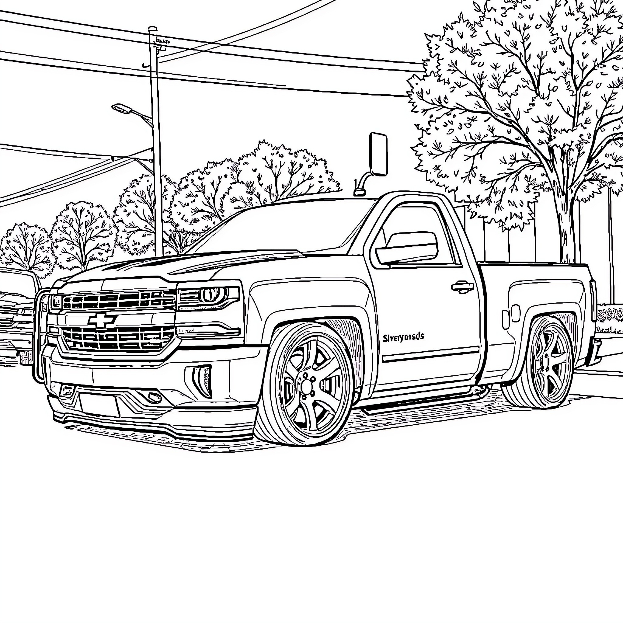 Silverado Pickup Truck in Outdoor Setting Coloring Page (free black-and-white line drawing printable PDF for all, from beginners to advanced learners, including children, teens, adults, and seniors)