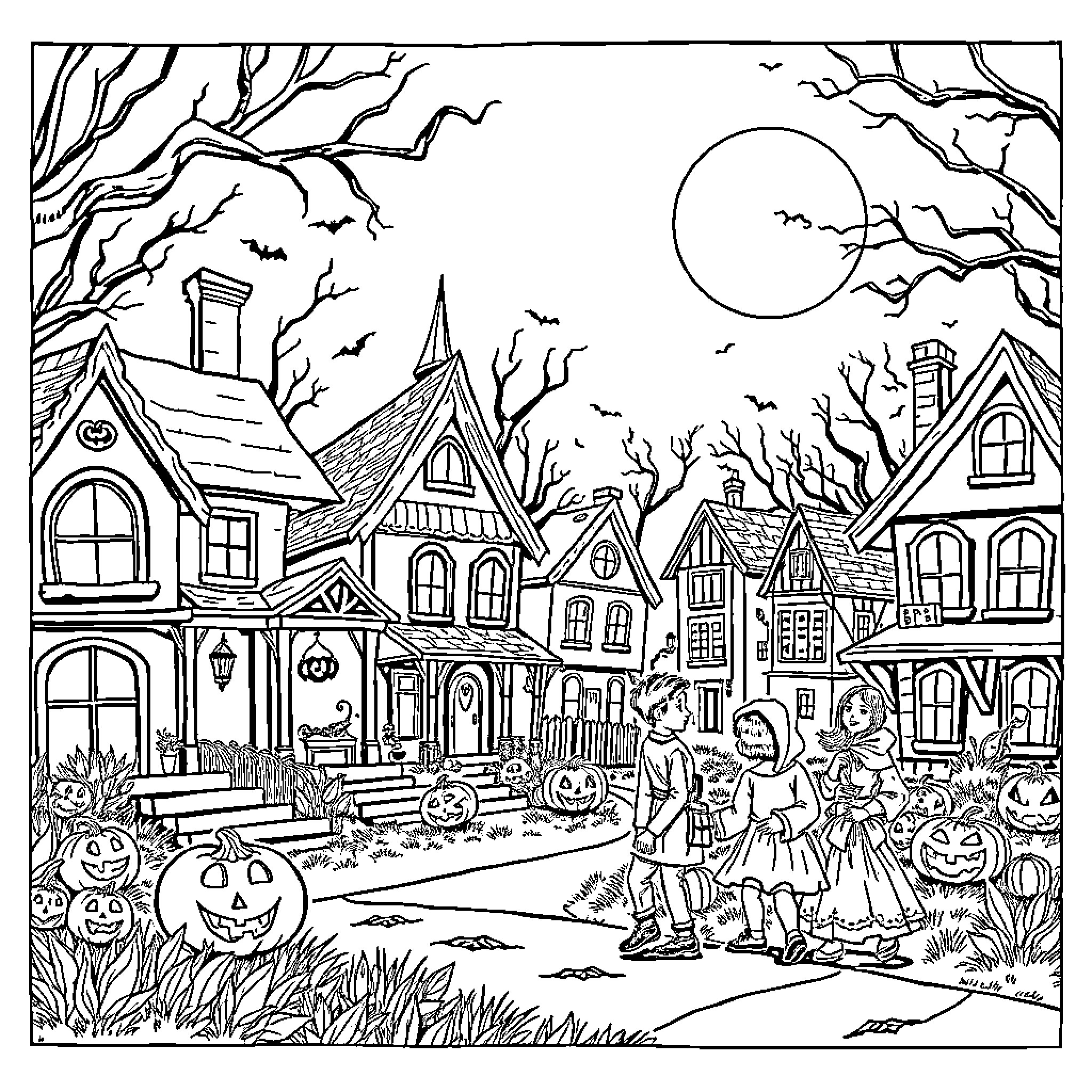 Halloween night in the spooky neighborhood Coloring Page (free black-and-white line drawing printable PDF for all, from beginners to advanced learners, including children, teens, adults, and seniors)