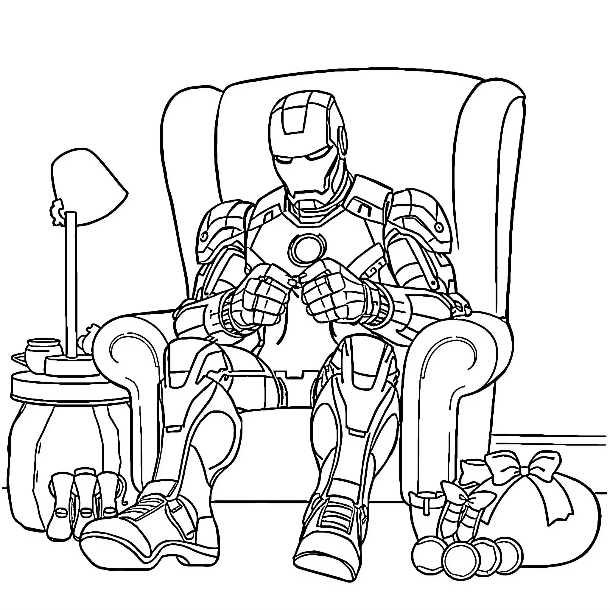 Ironman relaxing in armchair with tech gadgets Coloring Page (free black-and-white line drawing printable PDF for all, from beginners to advanced learners, including children, teens, adults, and seniors)