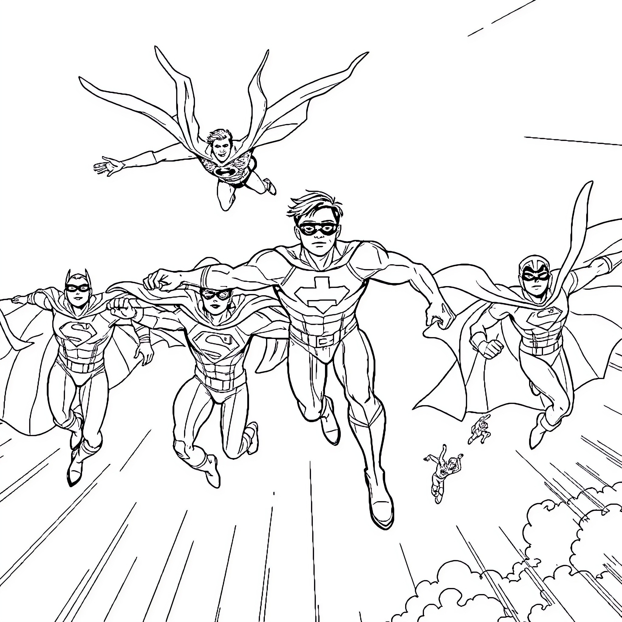 Superhero team soaring through the sky in action Coloring Page (free black-and-white line drawing printable PDF for all, from beginners to advanced learners, including children, teens, adults, and seniors)