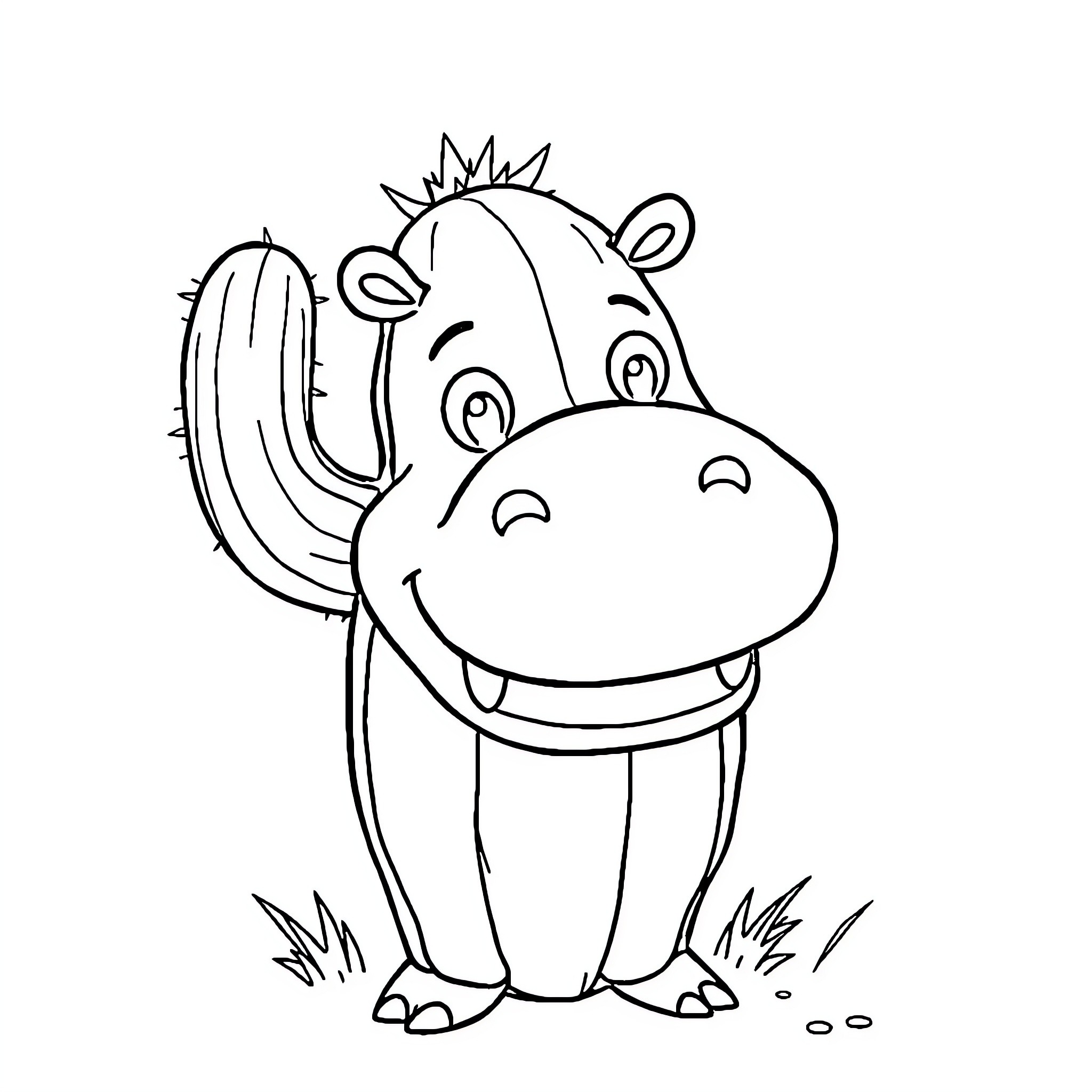 Cactus hippo smiling in the grass Coloring Page (free black-and-white line drawing printable PDF for all, from beginners to advanced learners, including children, teens, adults, and seniors)