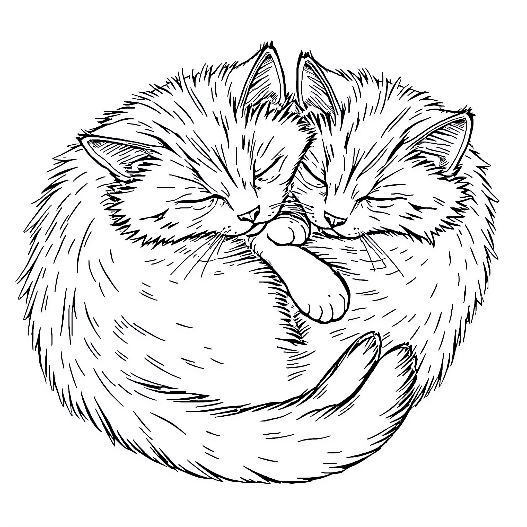 Cat curled up sleeping soundly Coloring Page (free black-and-white line drawing printable PDF for all, from beginners to advanced learners, including children, teens, adults, and seniors)