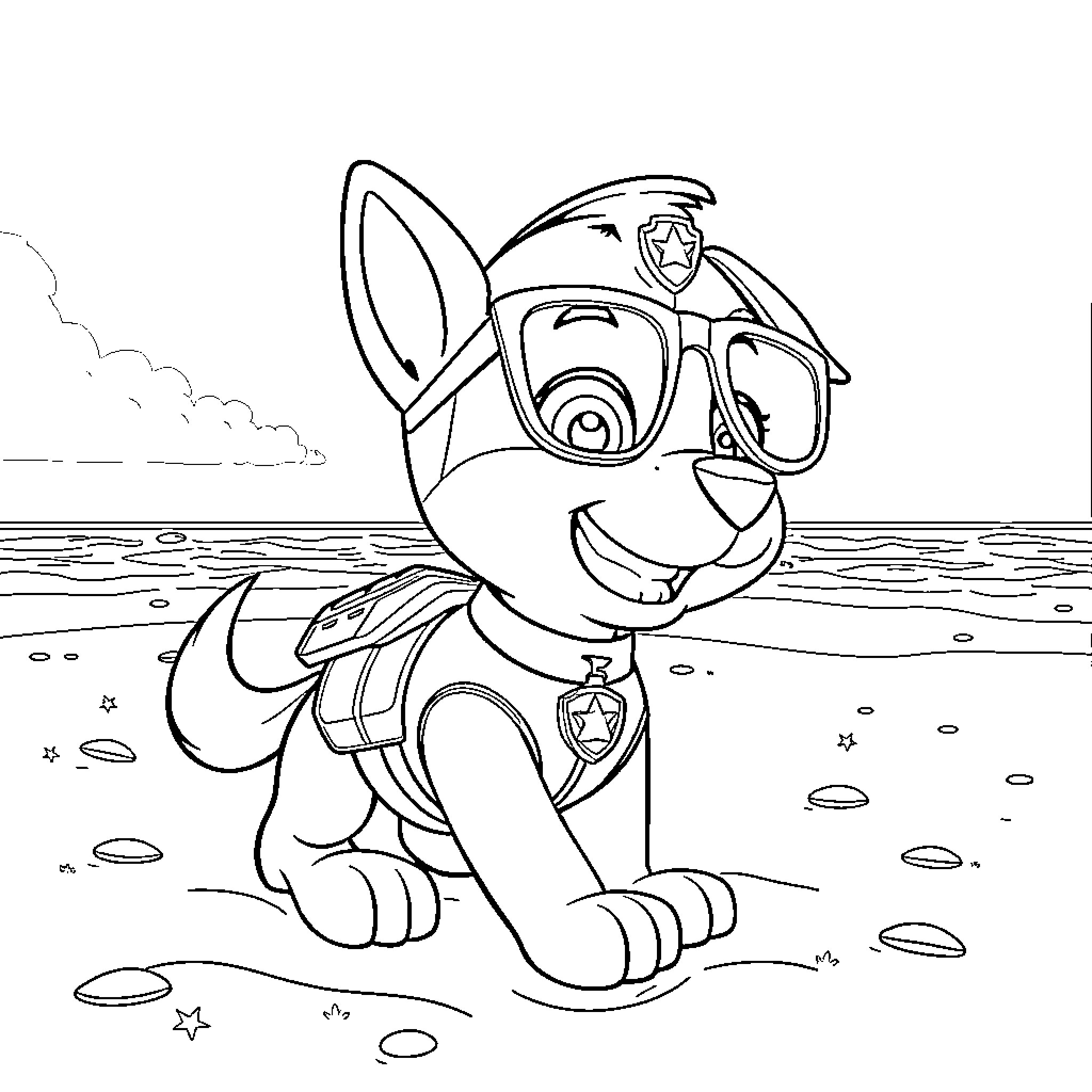 Skye exploring the beach with her gear Coloring Page (free black-and-white line drawing printable PDF for all, from beginners to advanced learners, including children, teens, adults, and seniors)
