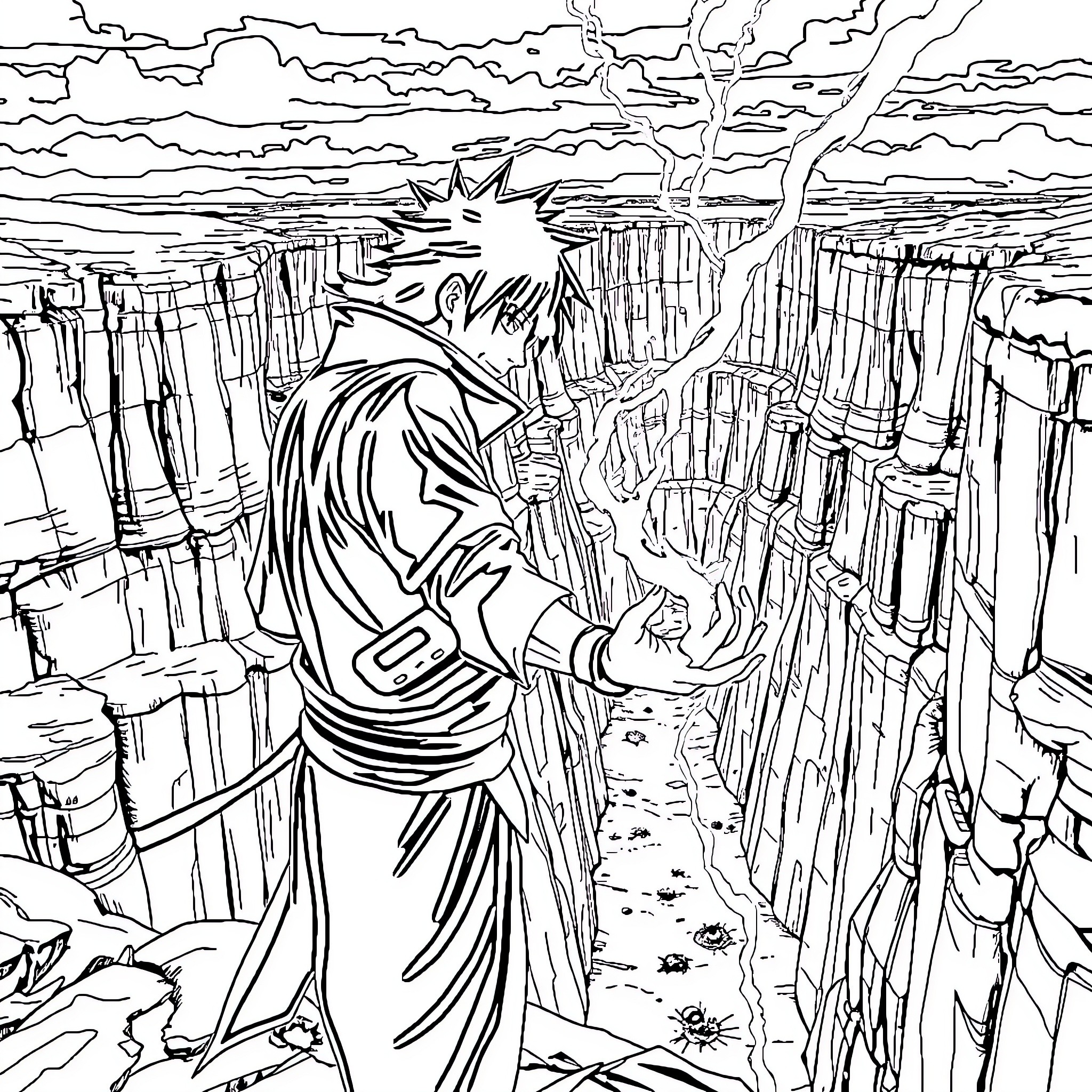 Sasuke's Powerful Awakening Amid the Ravaged Landscape Coloring Page (free black-and-white line drawing printable PDF for all, from beginners to advanced learners, including children, teens, adults, and seniors)