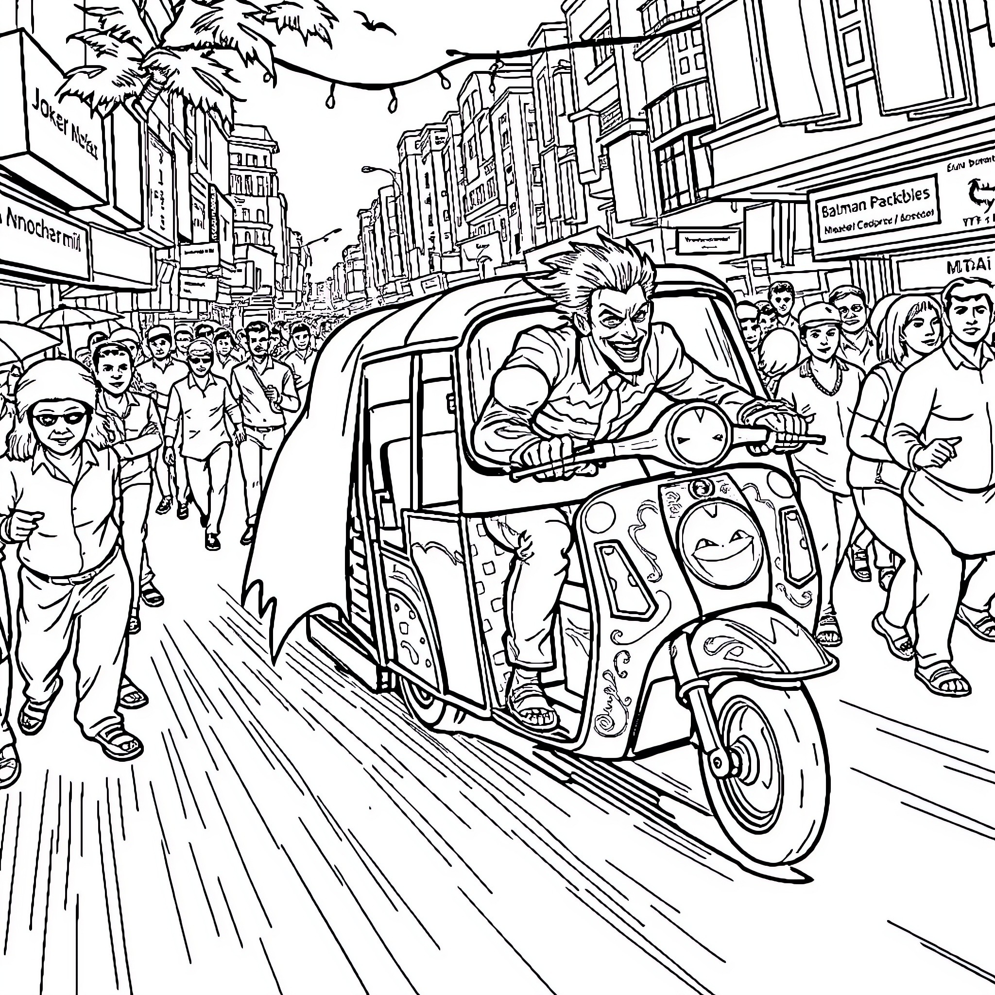 Batman Rides Motorcycle Through Busy City Street Coloring Page (free black-and-white line drawing printable PDF for all, from beginners to advanced learners, including children, teens, adults, and seniors)