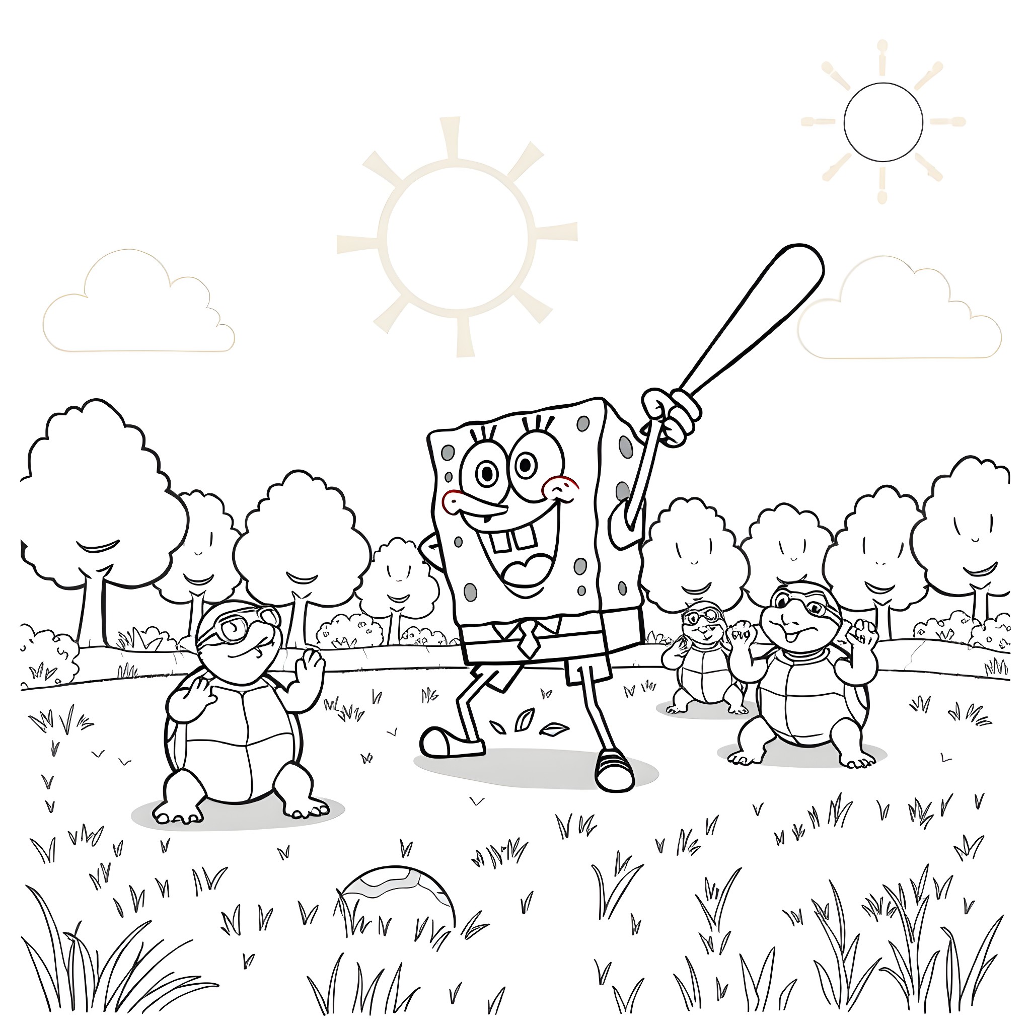 Spongebob and friends playing in the park Coloring Page (free black-and-white line drawing printable PDF for all, from beginners to advanced learners, including children, teens, adults, and seniors)