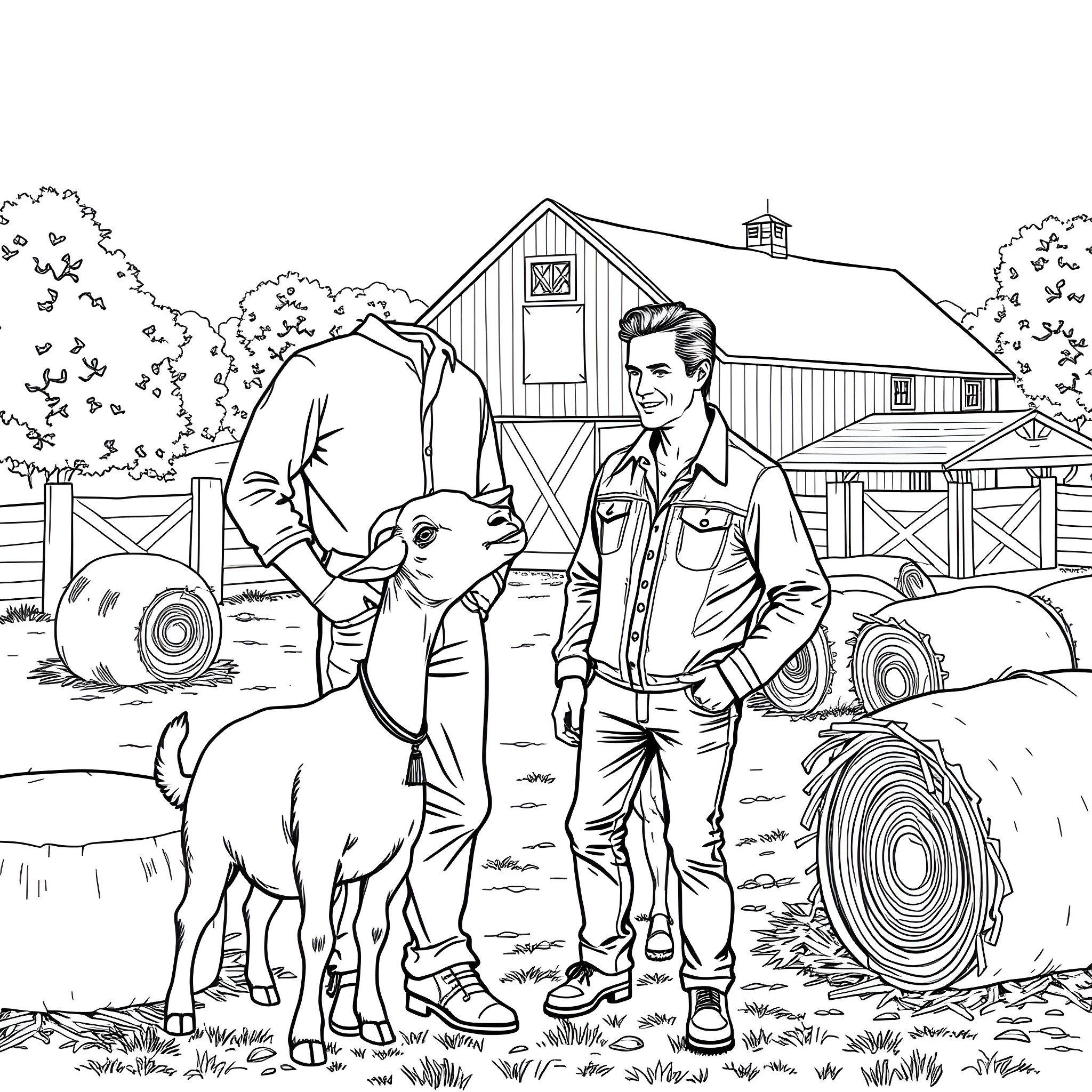 Matthew McConaughey interacting with a farm animal in a rural setting Coloring Page (free black-and-white line drawing printable PDF for all, from beginners to advanced learners, including children, teens, adults, and seniors)