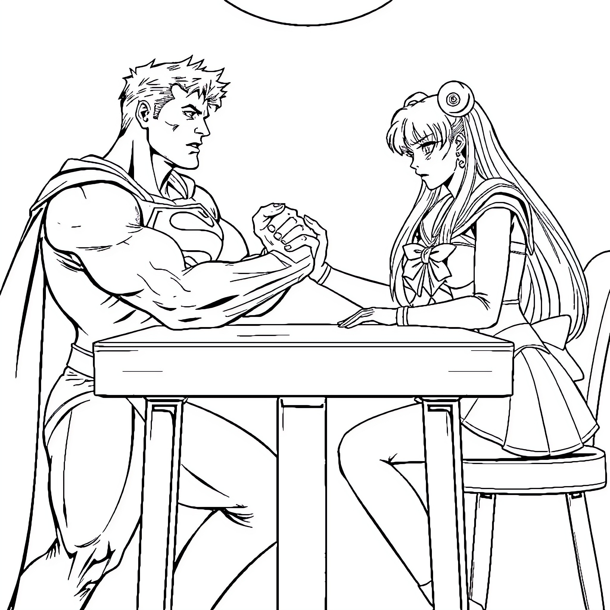 Superman and woman in intense arm wrestling match Coloring Page (free black-and-white line drawing printable PDF for all, from beginners to advanced learners, including children, teens, adults, and seniors)
