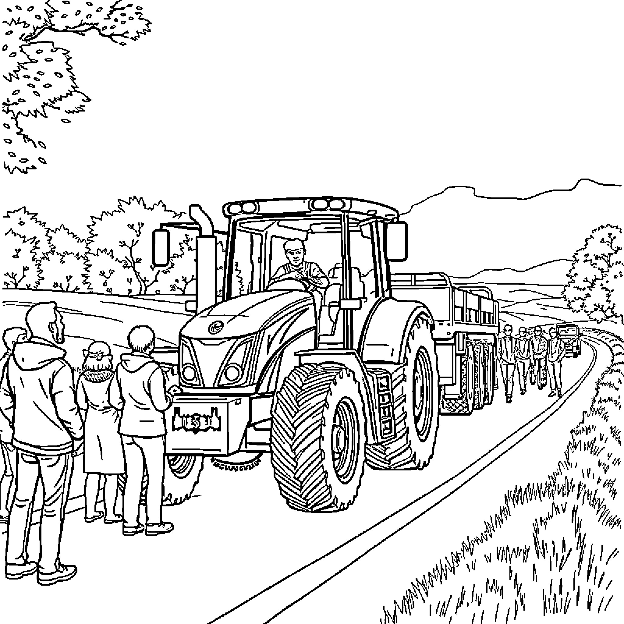 Tractor transporting workers in rural landscape Coloring Page (free black-and-white line drawing printable PDF for all, from beginners to advanced learners, including children, teens, adults, and seniors)