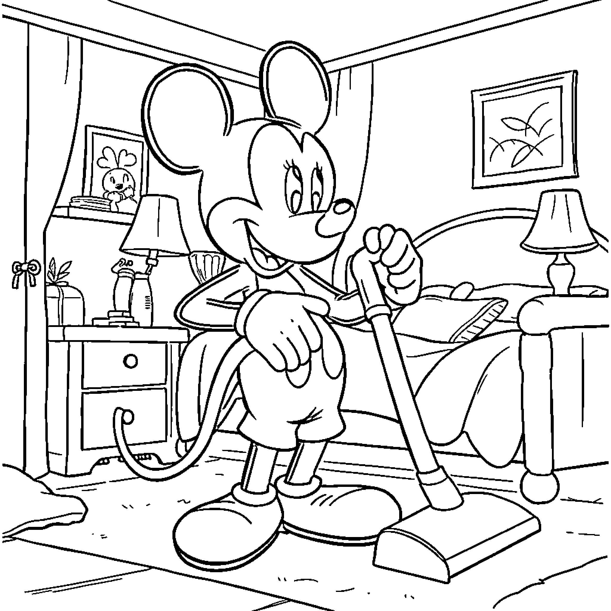 Mickey Mouse cleaning up the messy room Coloring Page (free black-and-white line drawing printable PDF for all, from beginners to advanced learners, including children, teens, adults, and seniors)