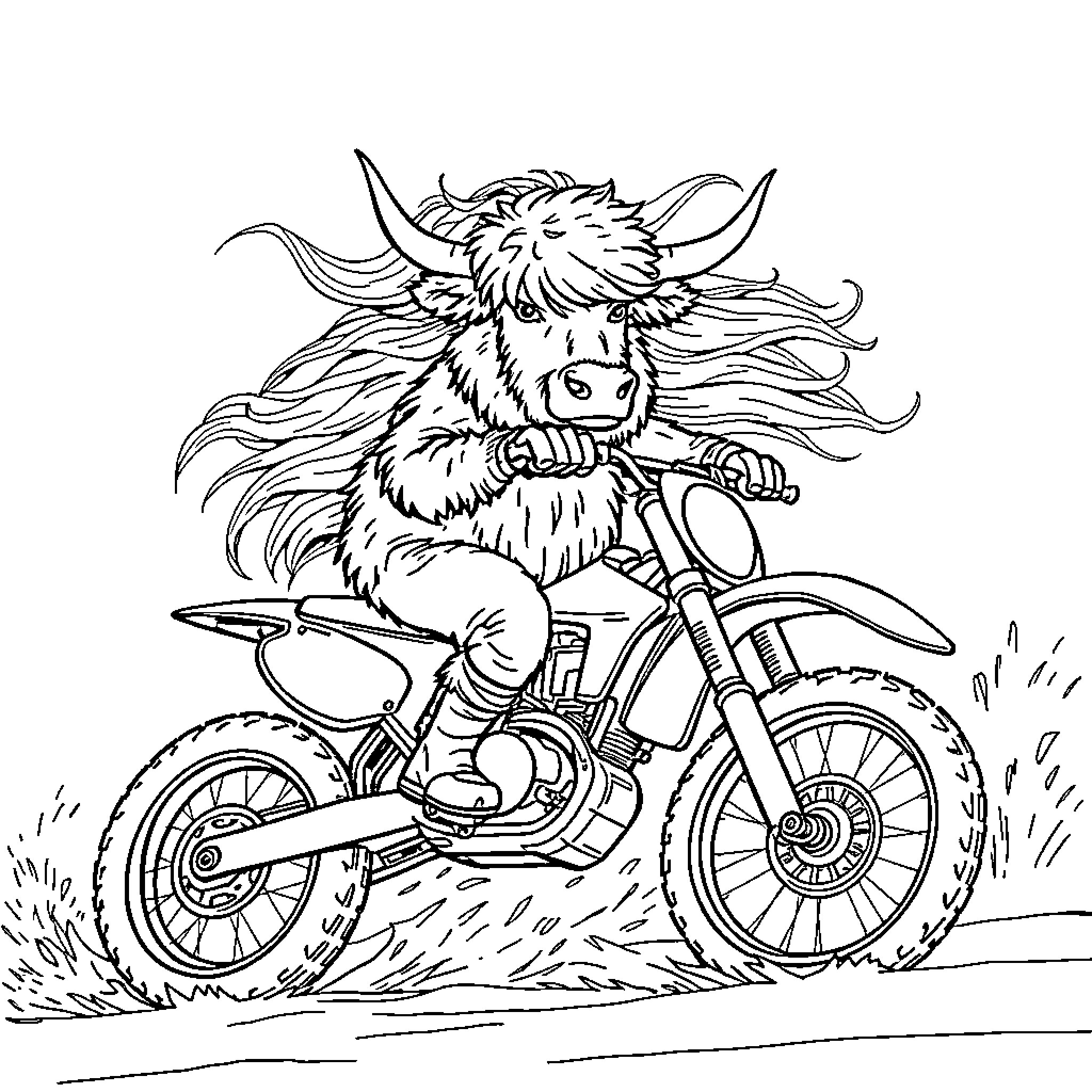 Highland Cow riding a motorcycle on the countryside Coloring Page (free black-and-white line drawing printable PDF for all, from beginners to advanced learners, including children, teens, adults, and seniors)