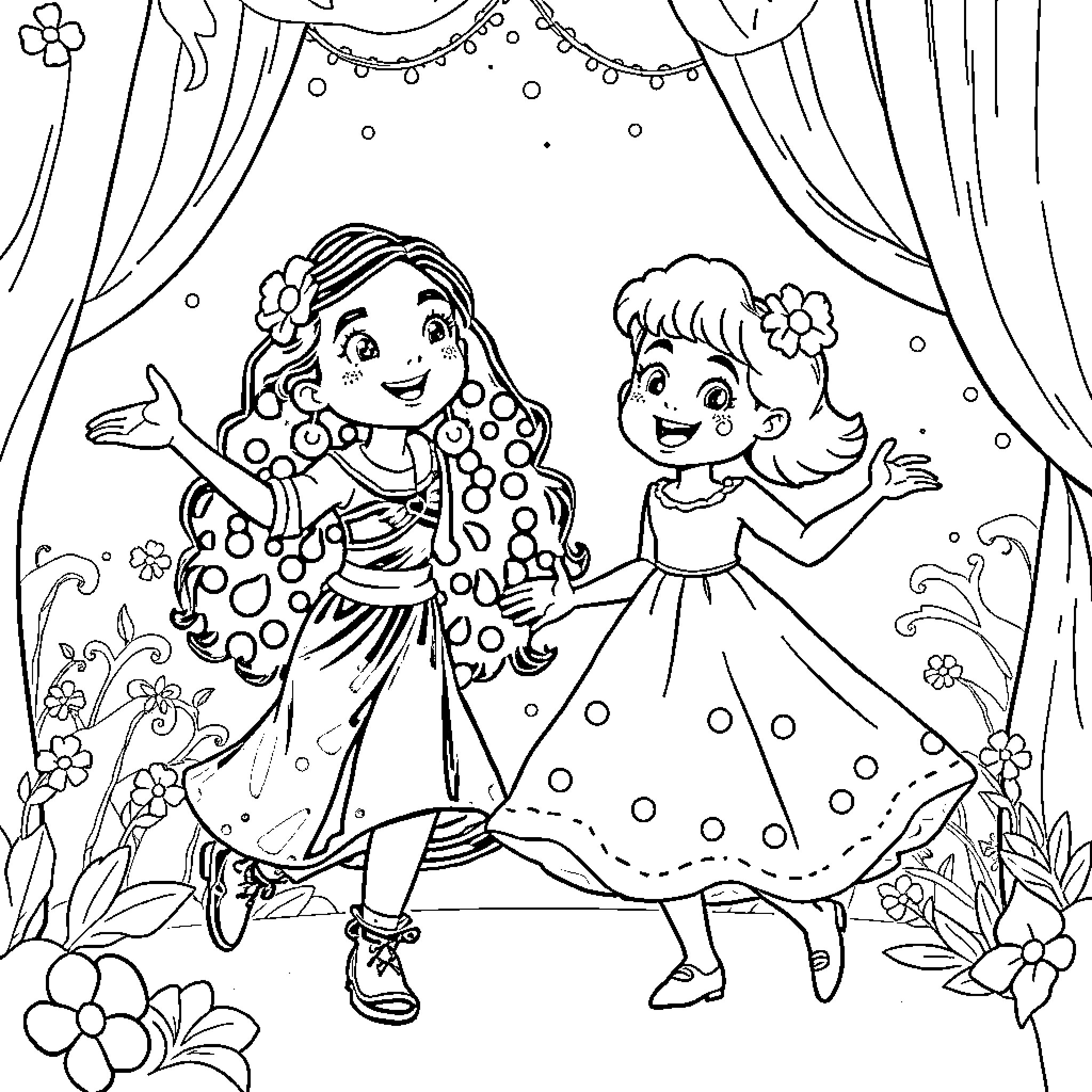 Matilda and friend dancing on stage Coloring Page (free black-and-white line drawing printable PDF for all, from beginners to advanced learners, including children, teens, adults, and seniors)