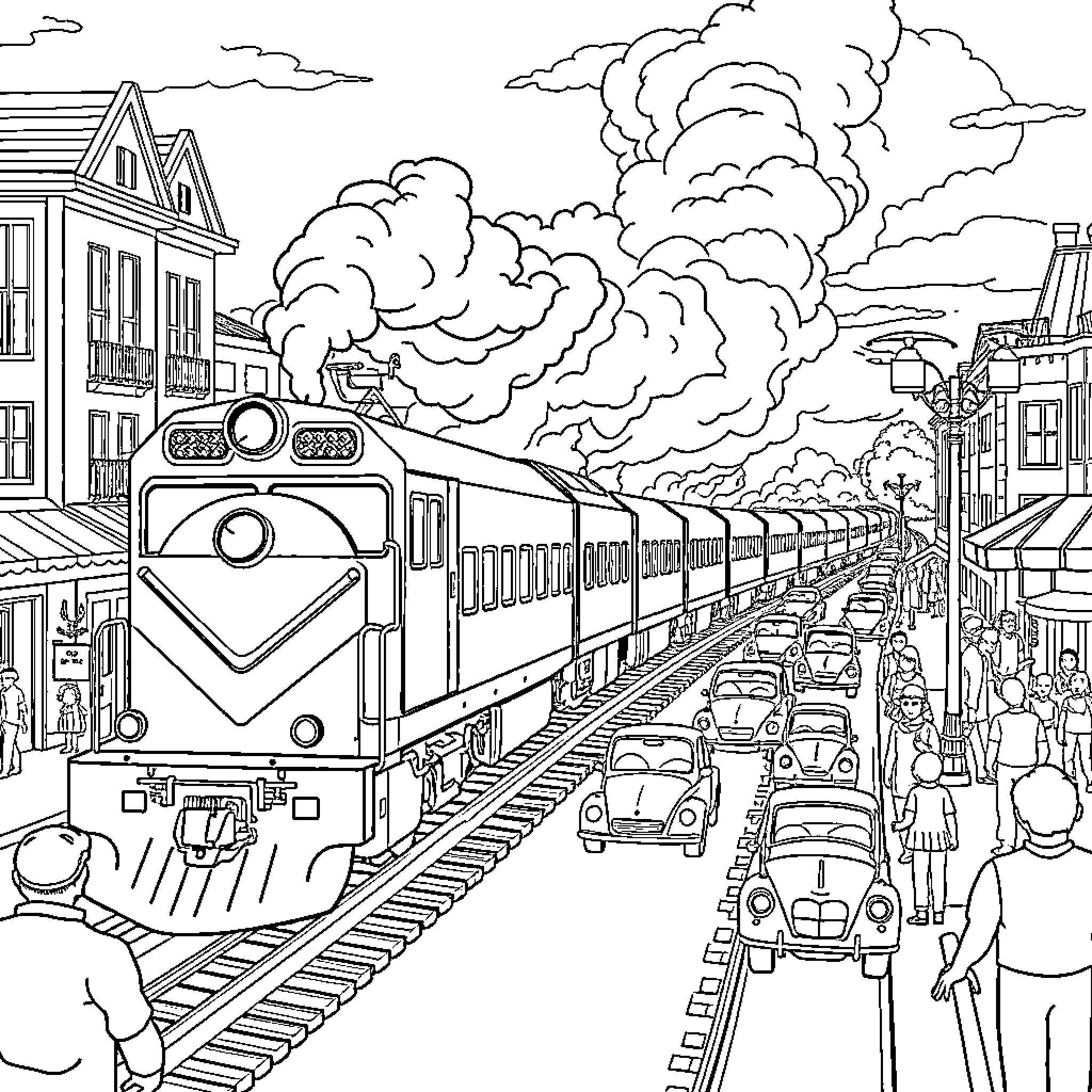Train speeding through a bustling city street Coloring Page (free black-and-white line drawing printable PDF for all, from beginners to advanced learners, including children, teens, adults, and seniors)