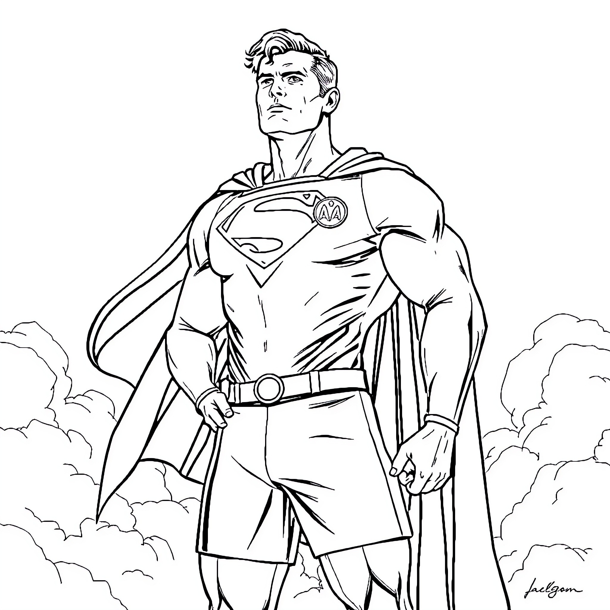 Superman heroically standing amidst clouds Coloring Page (free black-and-white line drawing printable PDF for all, from beginners to advanced learners, including children, teens, adults, and seniors)